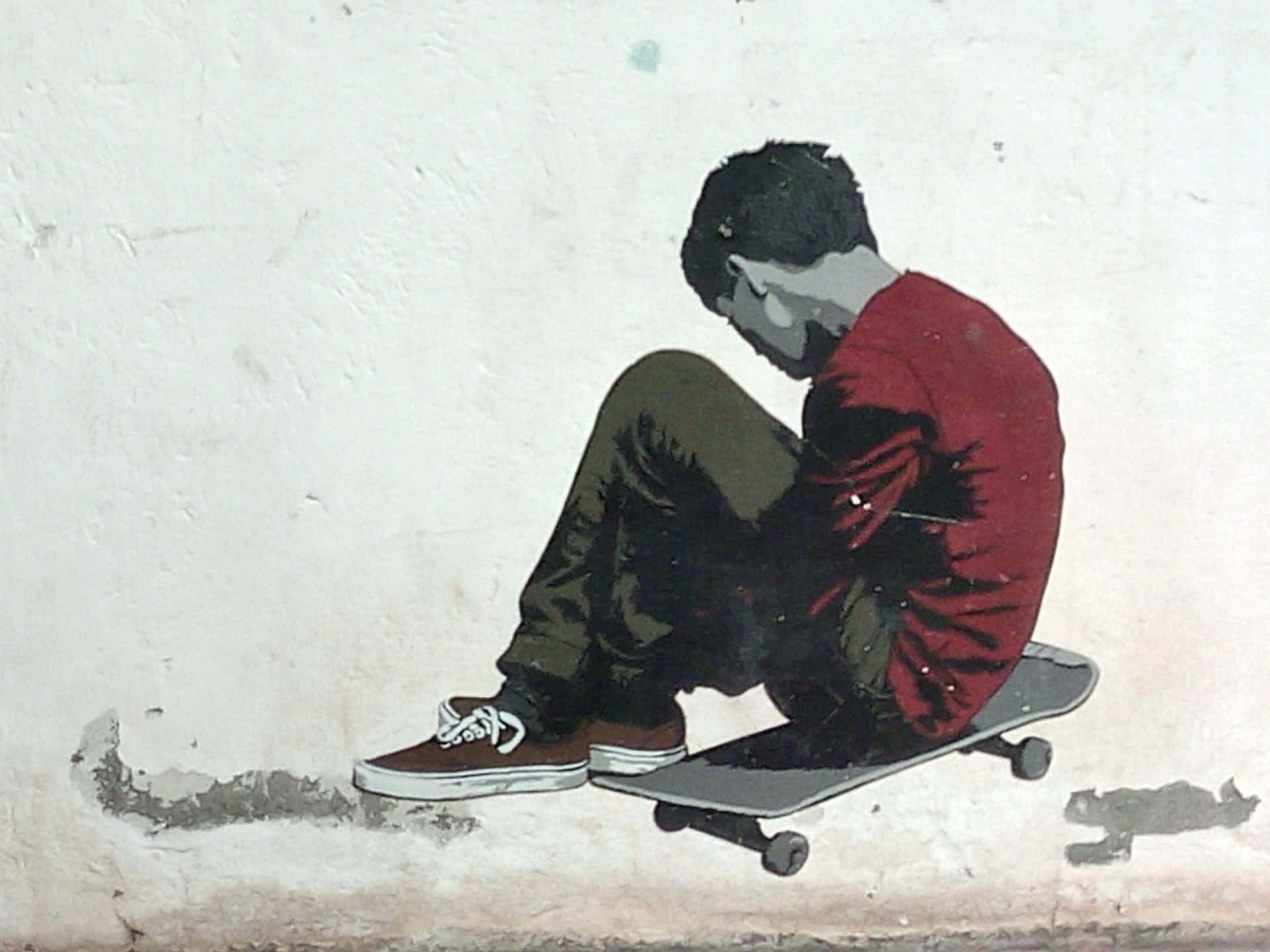 Juvenile, red shirt, skateboard, Full HD Desktop Wallpaper