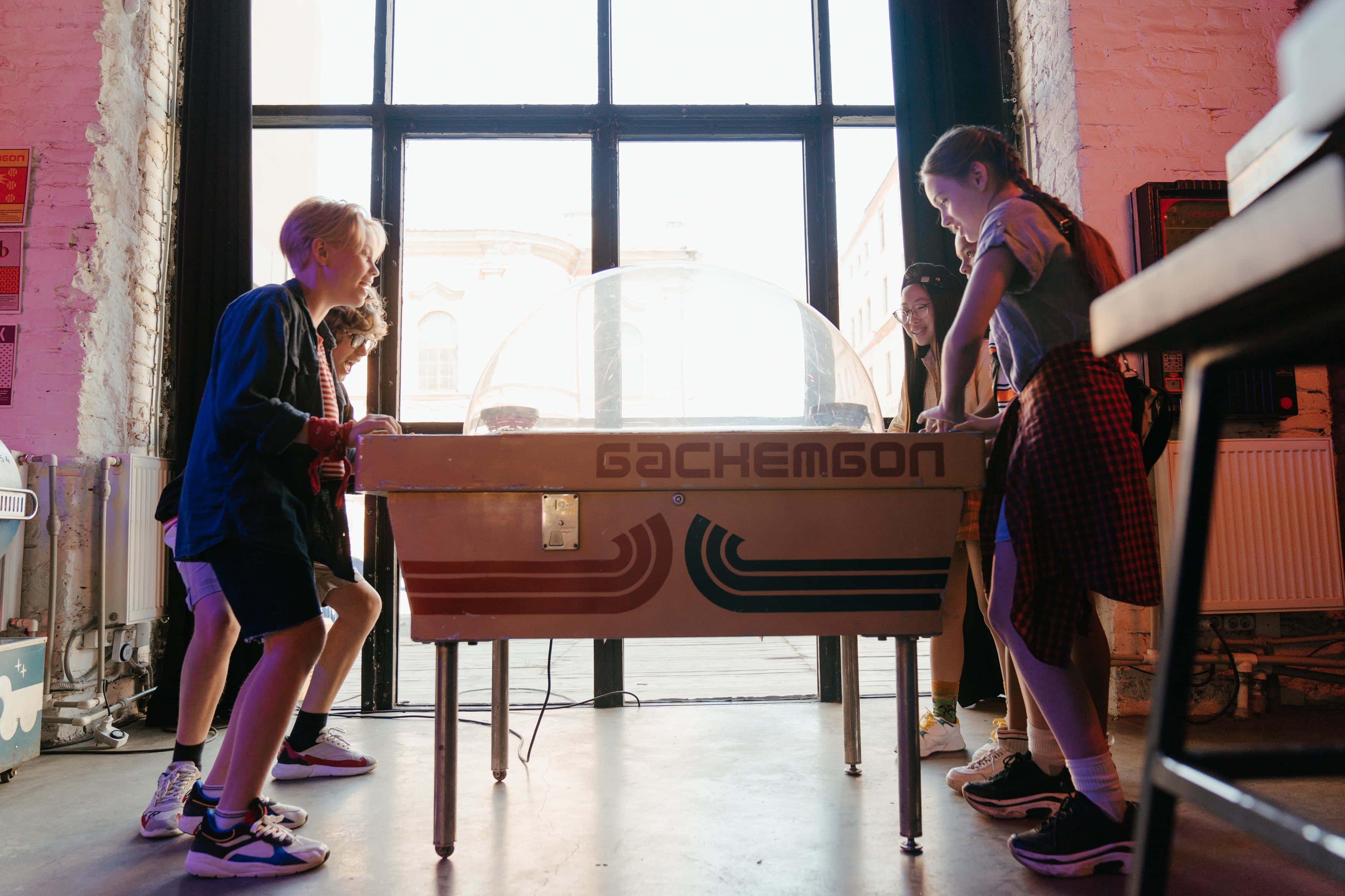 Juvenile, air hockey, industrial-style room, 2K Desktop Wallpaper