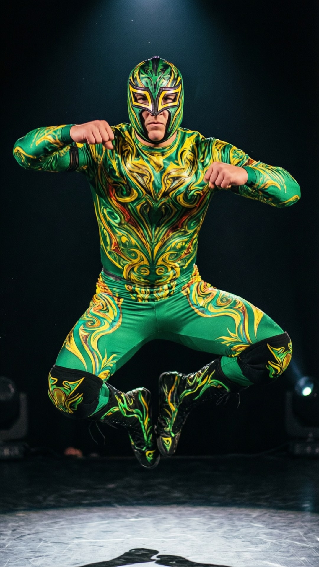 Juventud Guerrera, superhero landing pose, colorful lucha attire, Full HD Phone Wallpaper