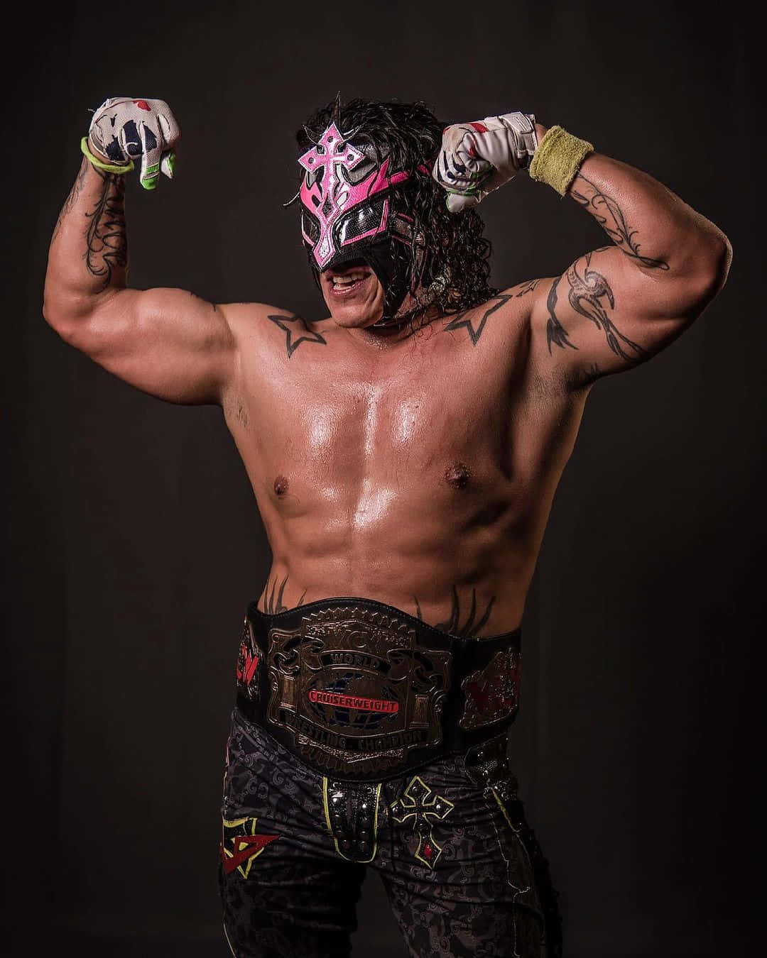 pink and black mask, championship belt, muscular luchador, HD Phone Wallpaper