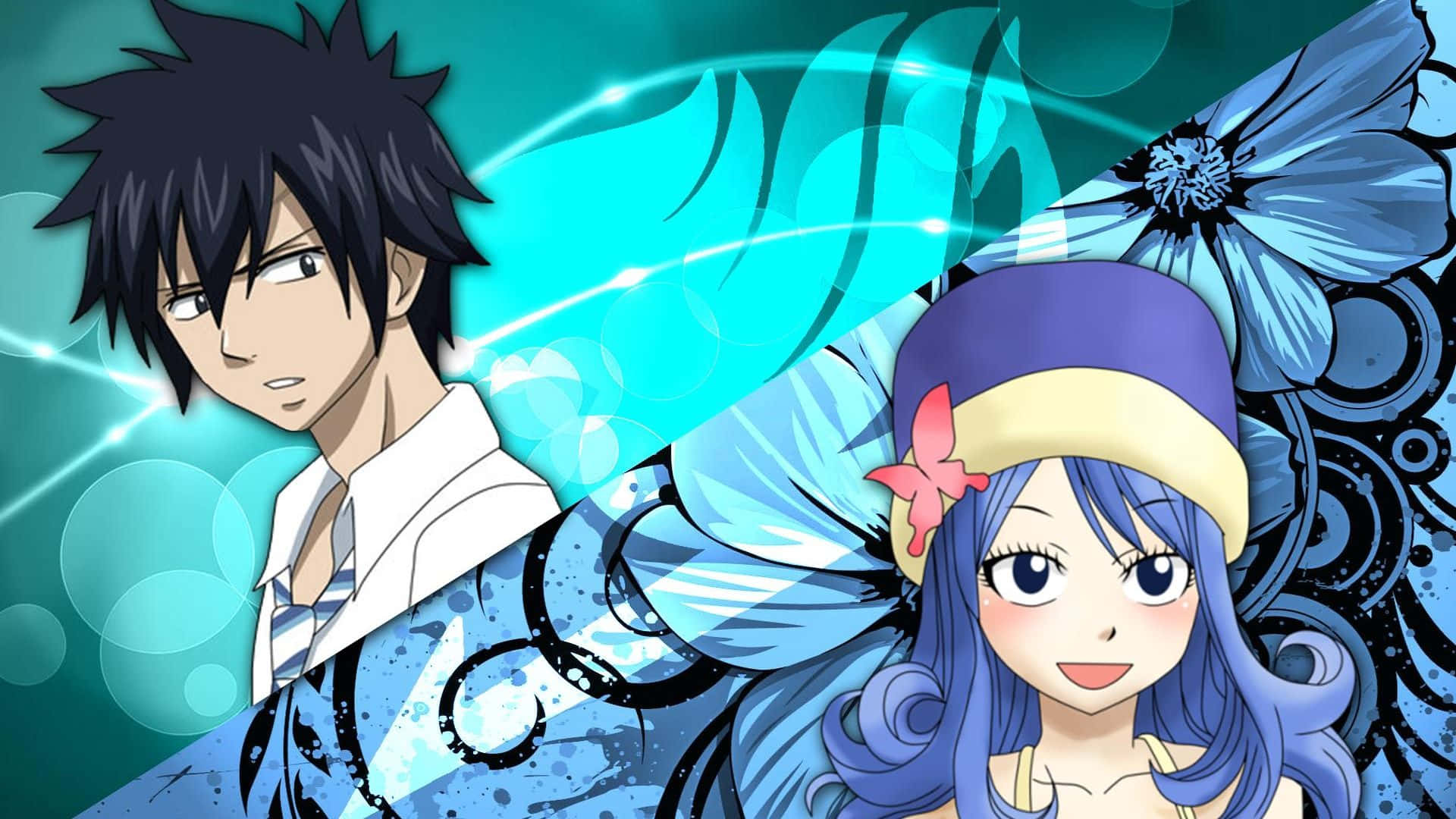 Juvia Lockser, blue butterfly wings, glowing teal energy swirls, Full HD Desktop Wallpaper