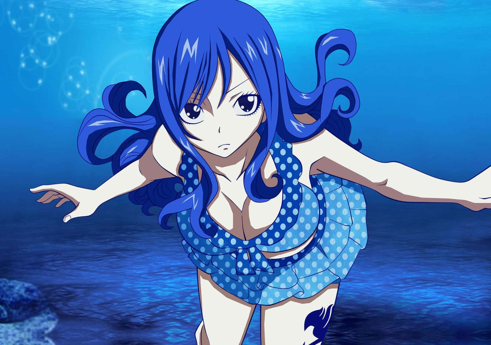 Juvia Lockser, blue-haired, polka-dot swimsuit, HD Desktop Wallpaper