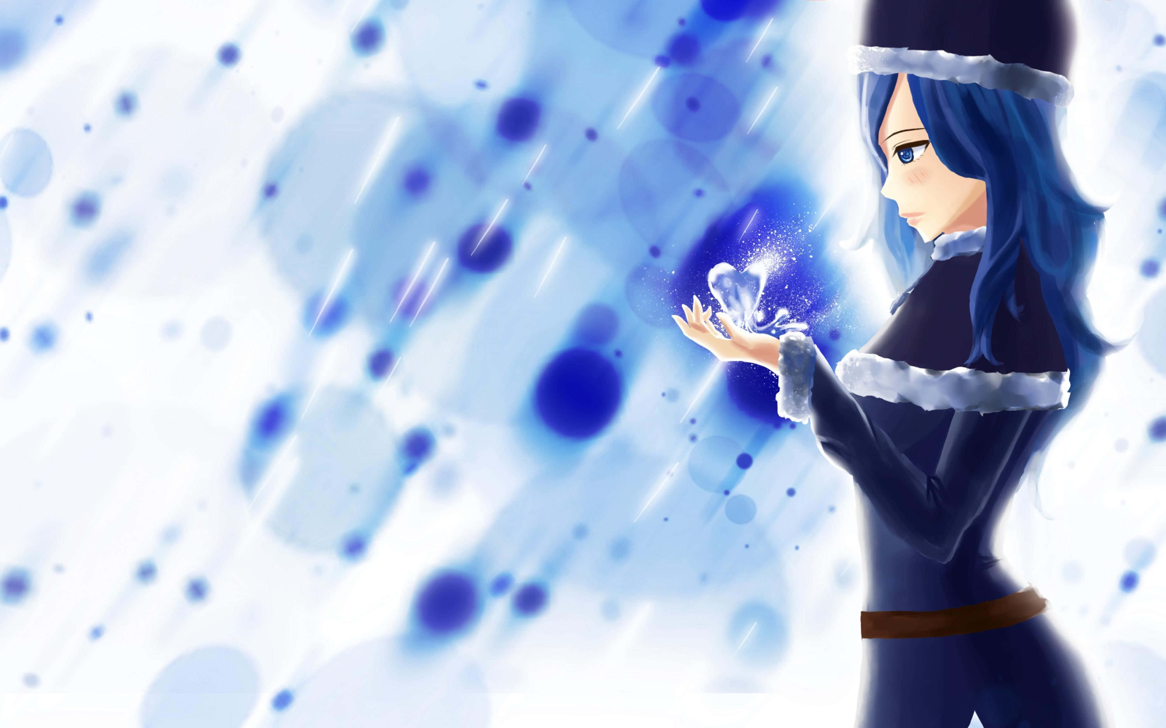 Juvia Lockser, blue-haired anime girl, winter attire, 4K Desktop Wallpaper
