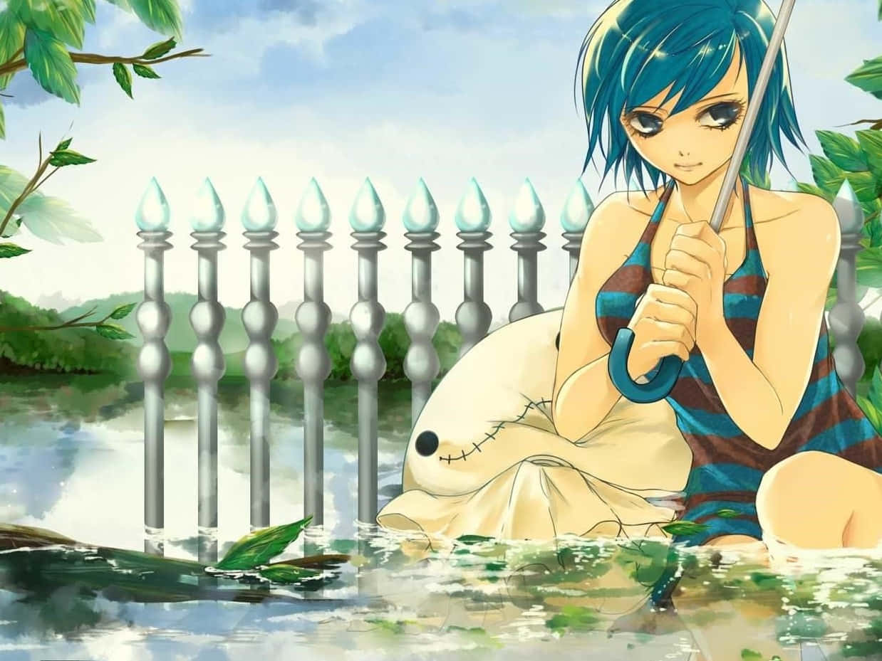 Juvia Lockser, blue-haired, striped swimsuit, SD Desktop Wallpaper