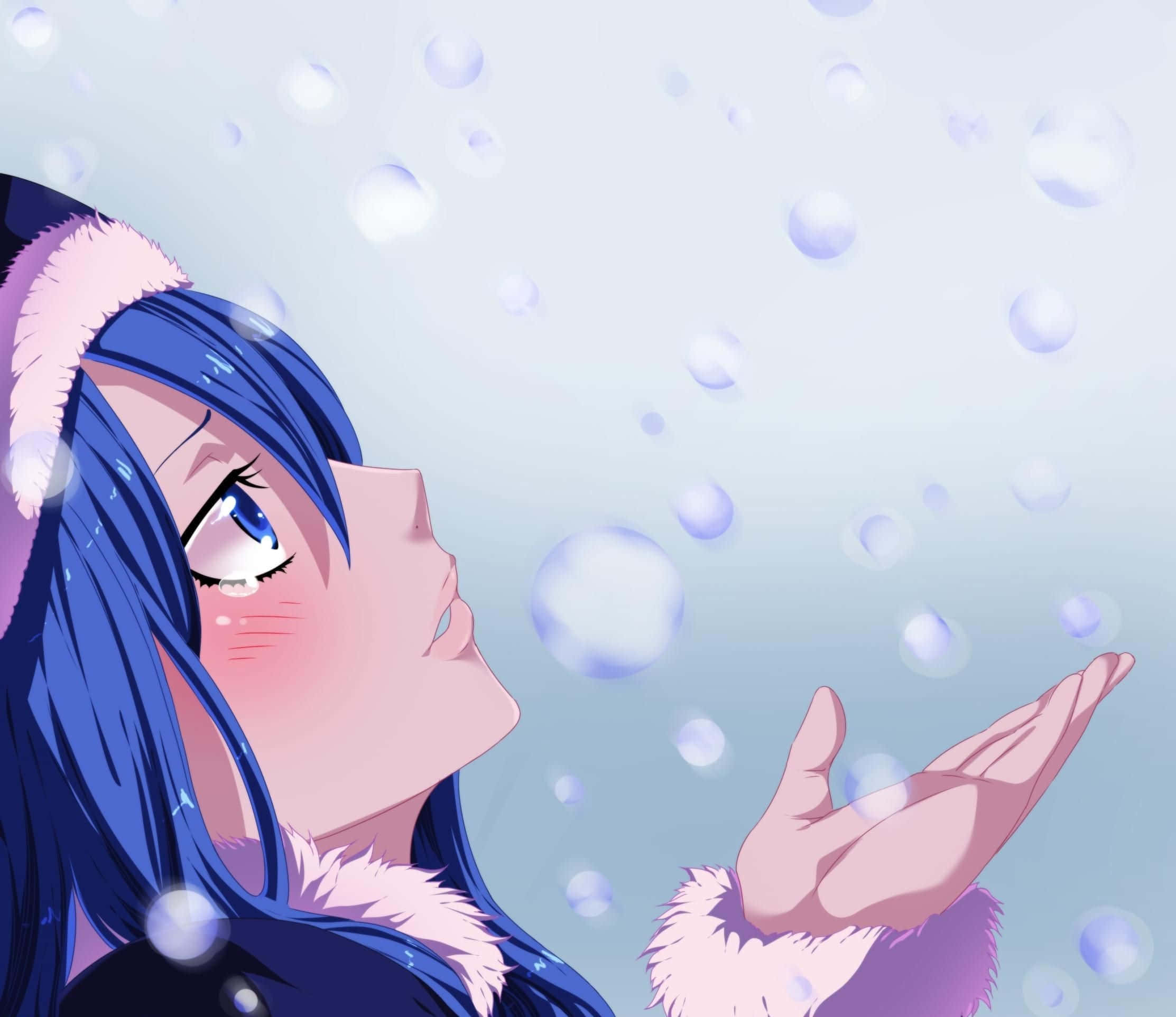 Juvia Lockser, blue-haired anime girl, winter coat, Full HD Desktop Wallpaper