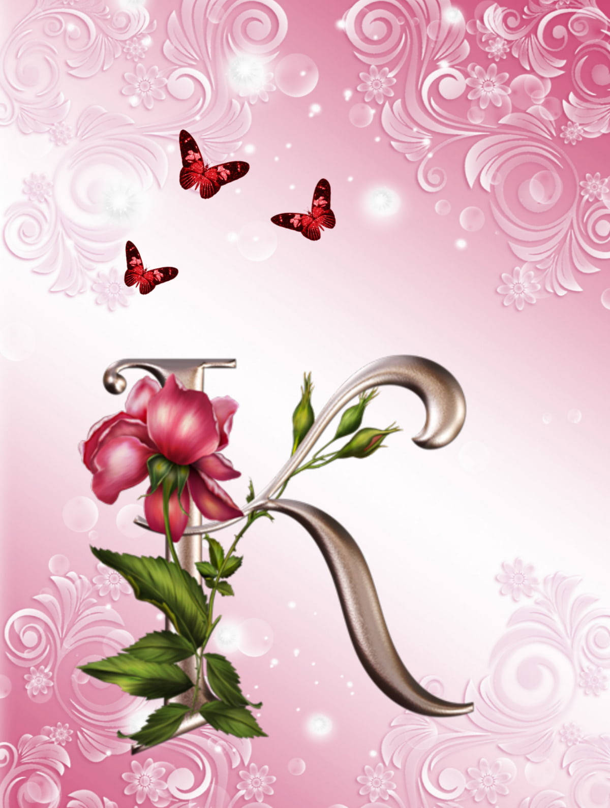 Floral K Alphabet, metallic letter K, pink rose, HD Phone Wallpaper
