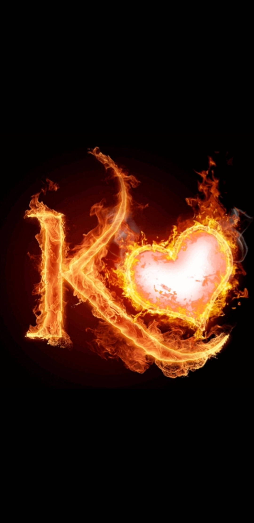 K Alphabet, heart symbol, orange flames, Full HD Phone Wallpaper