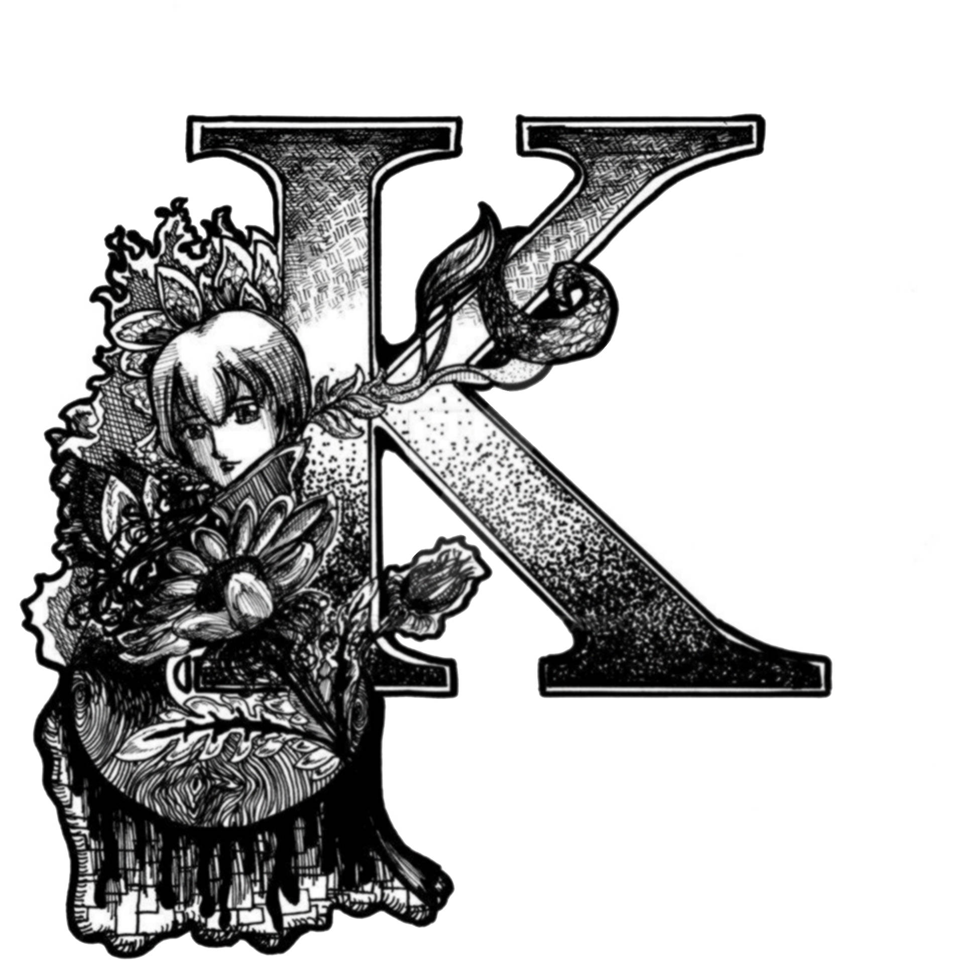 letter K, girl, floral motifs, Full HD Desktop Wallpaper