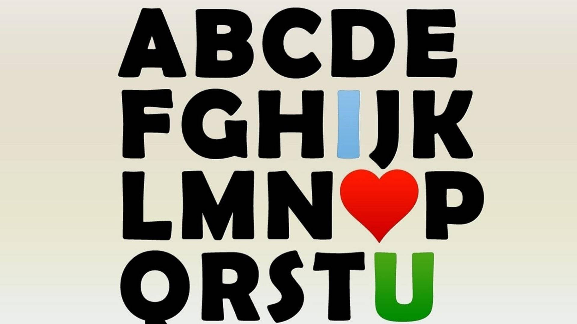 I Love You Alphabets, blue rectangle, red heart, Full HD Desktop Wallpaper