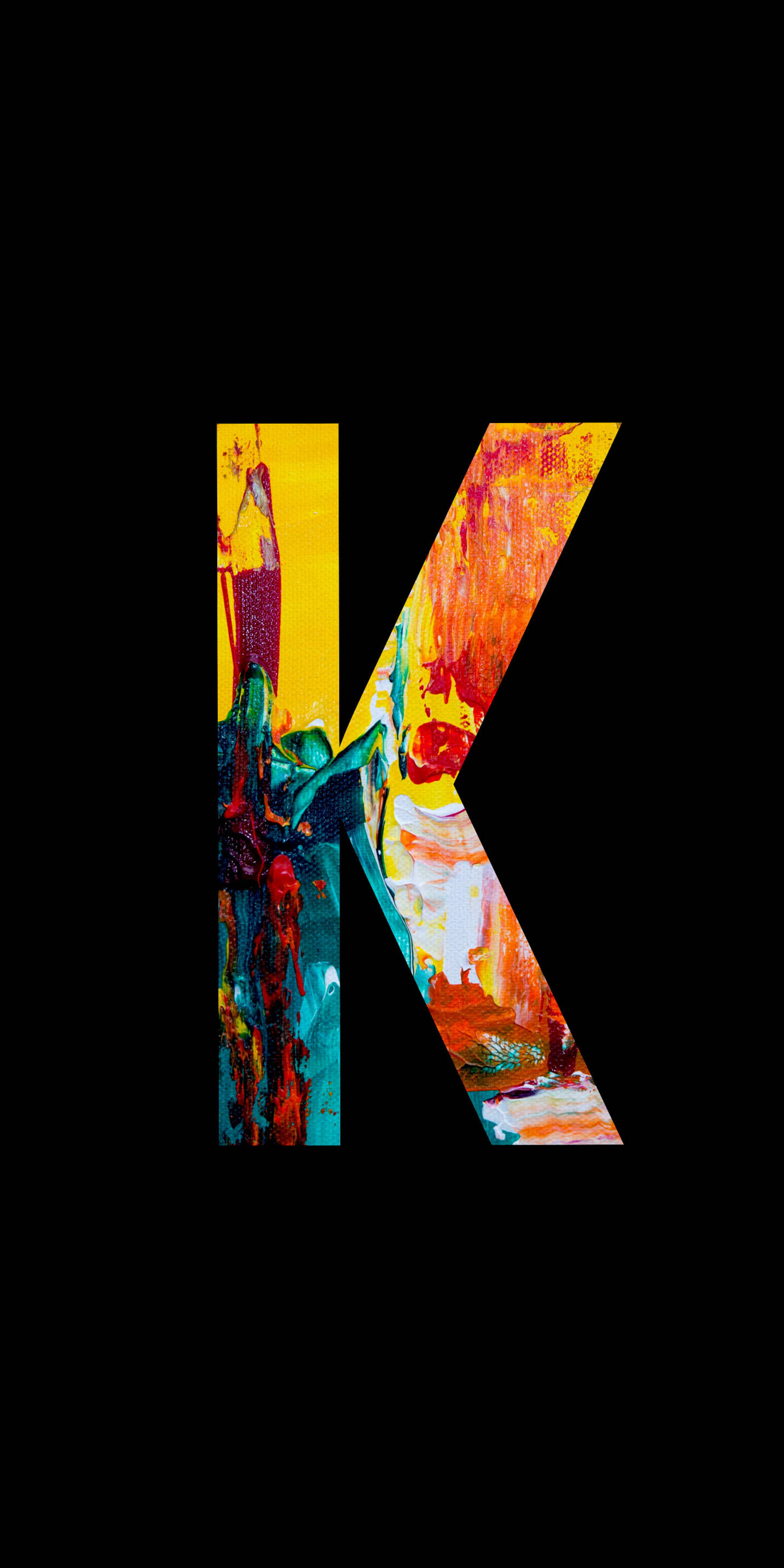 Letter K, vibrant abstract brushstrokes, stark black background, 4K Phone Wallpaper