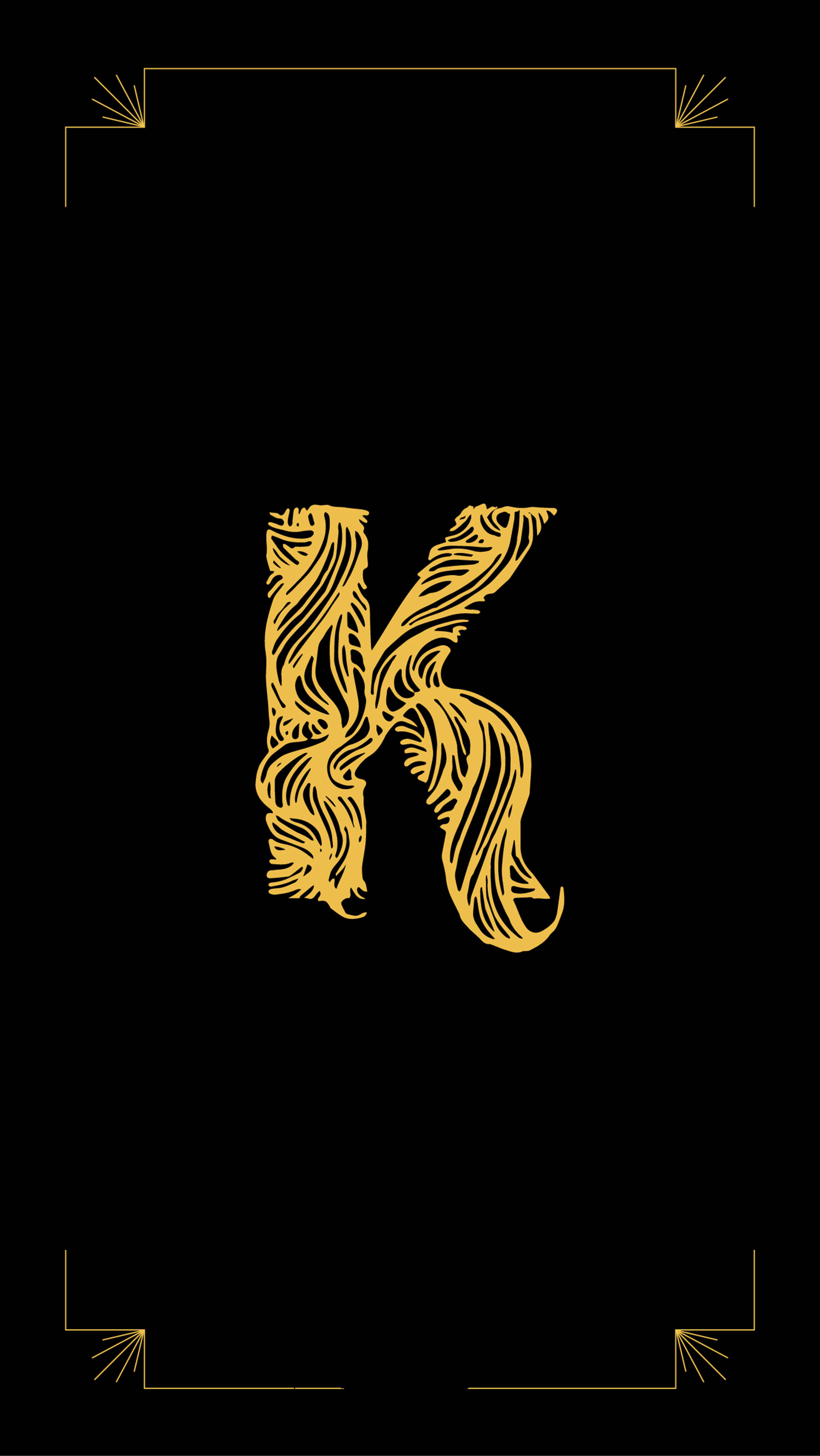 golden ornate letter K, flowing swirls, black background, 2K Phone Wallpaper