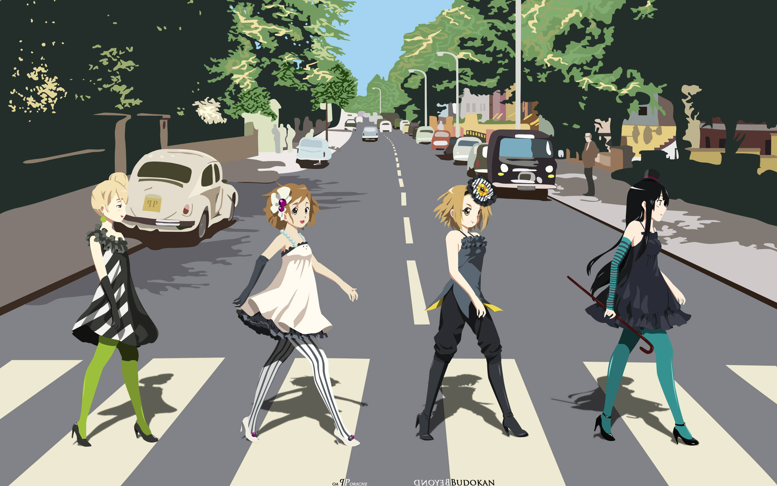 K-on, four anime girls, zebra crossing, 2K Desktop Wallpaper