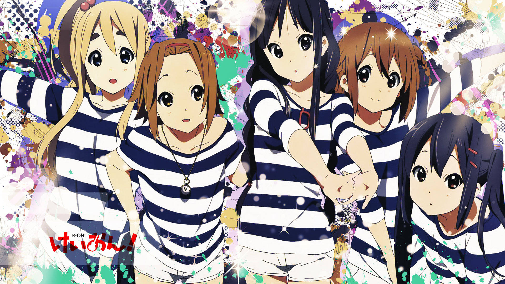 K-on, blue and white striped outfits, five anime girls, Full HD Desktop Wallpaper