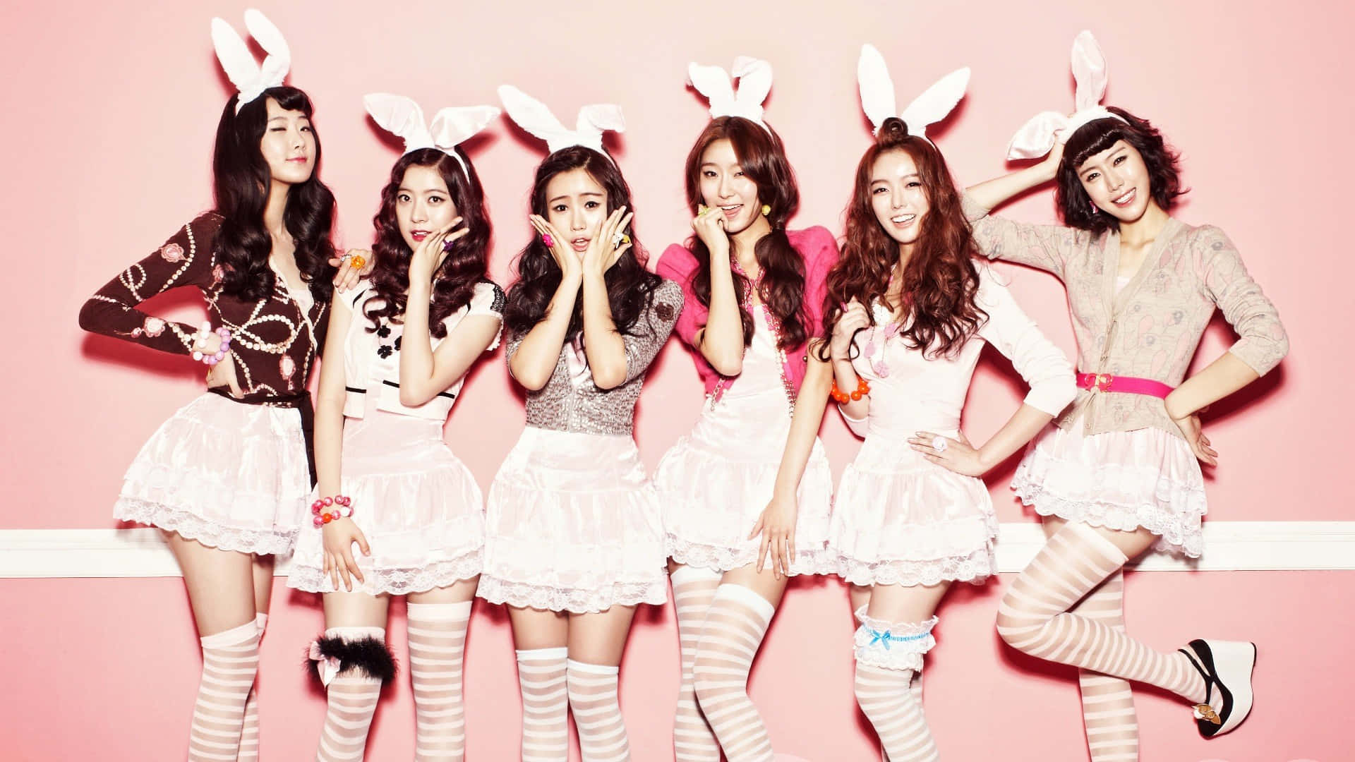 bunny costumes, pink wall, frilly outfits, Full HD Desktop Wallpaper