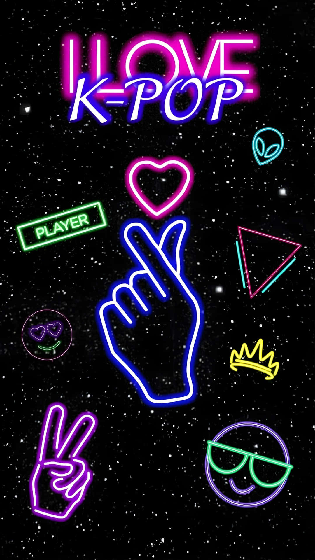 K-pop Love, neon signs, starry black background, Full HD Phone Wallpaper