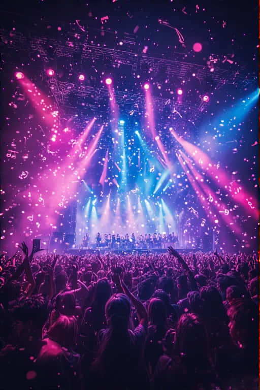 vibrant concert crowd, dazzling pink and blue stage lights, confetti, SD Phone Wallpaper