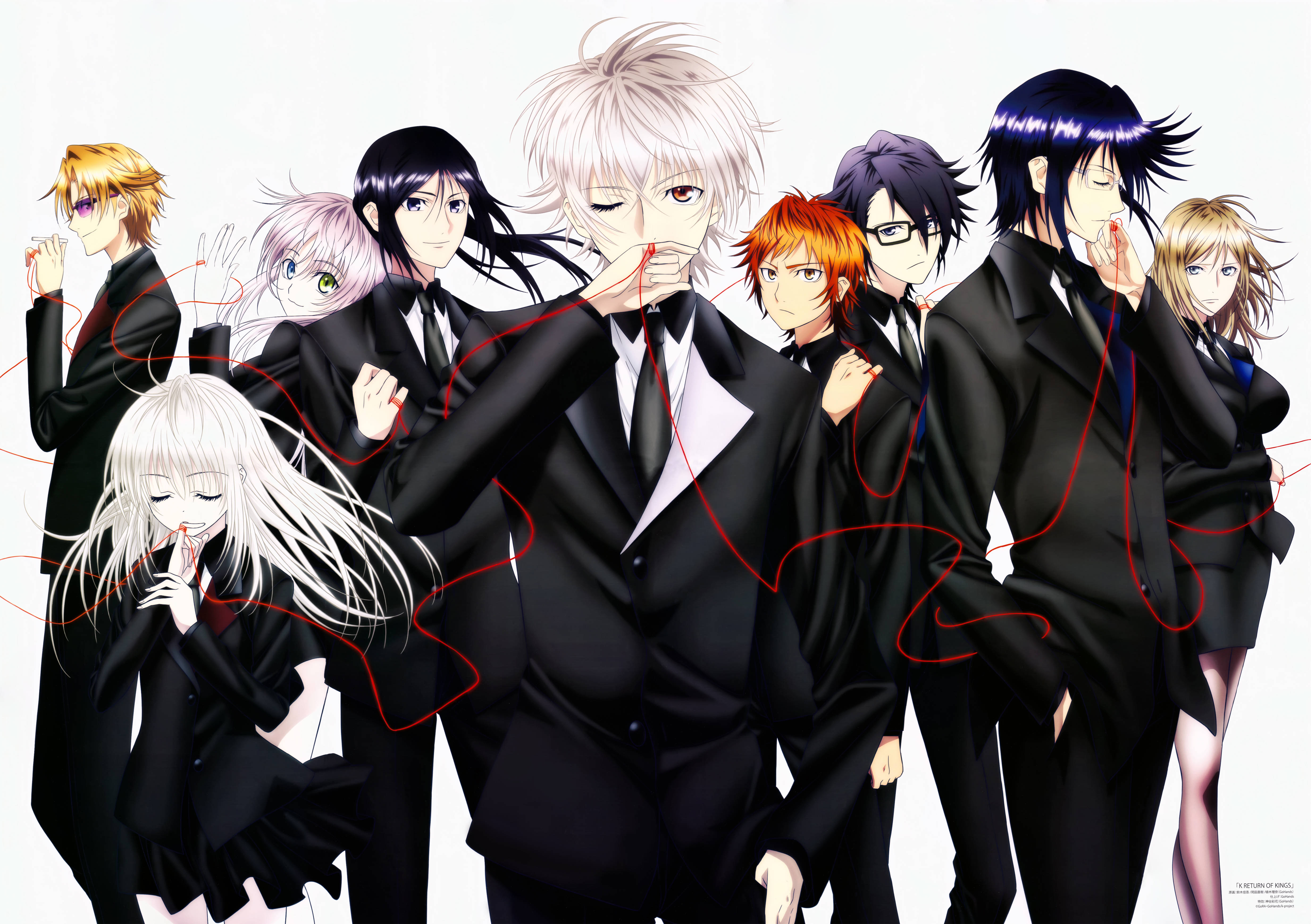 K, black suits, red string accents, 4K Desktop Wallpaper