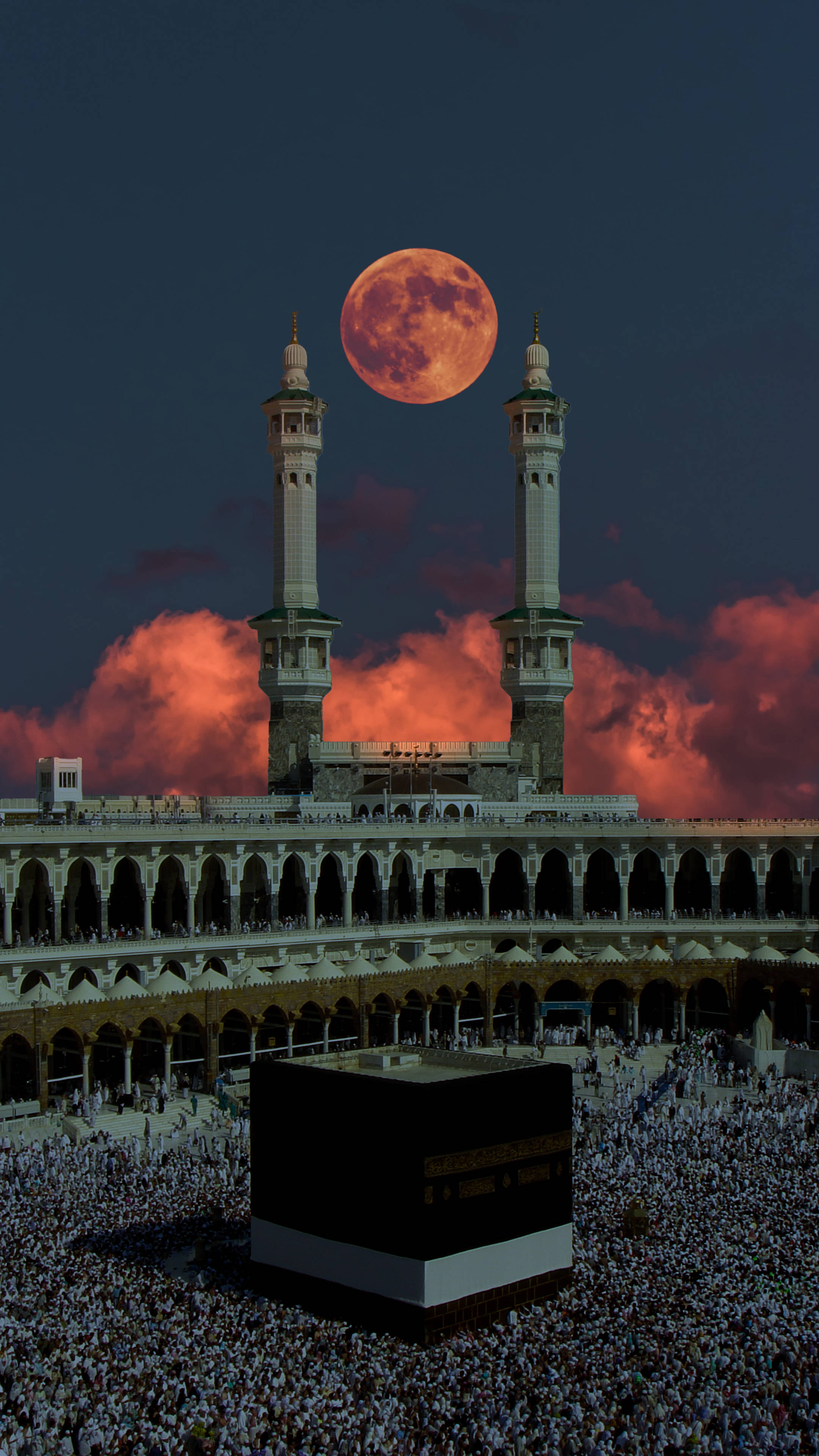 Kaaba, orange, full moon, 4K Phone Wallpaper