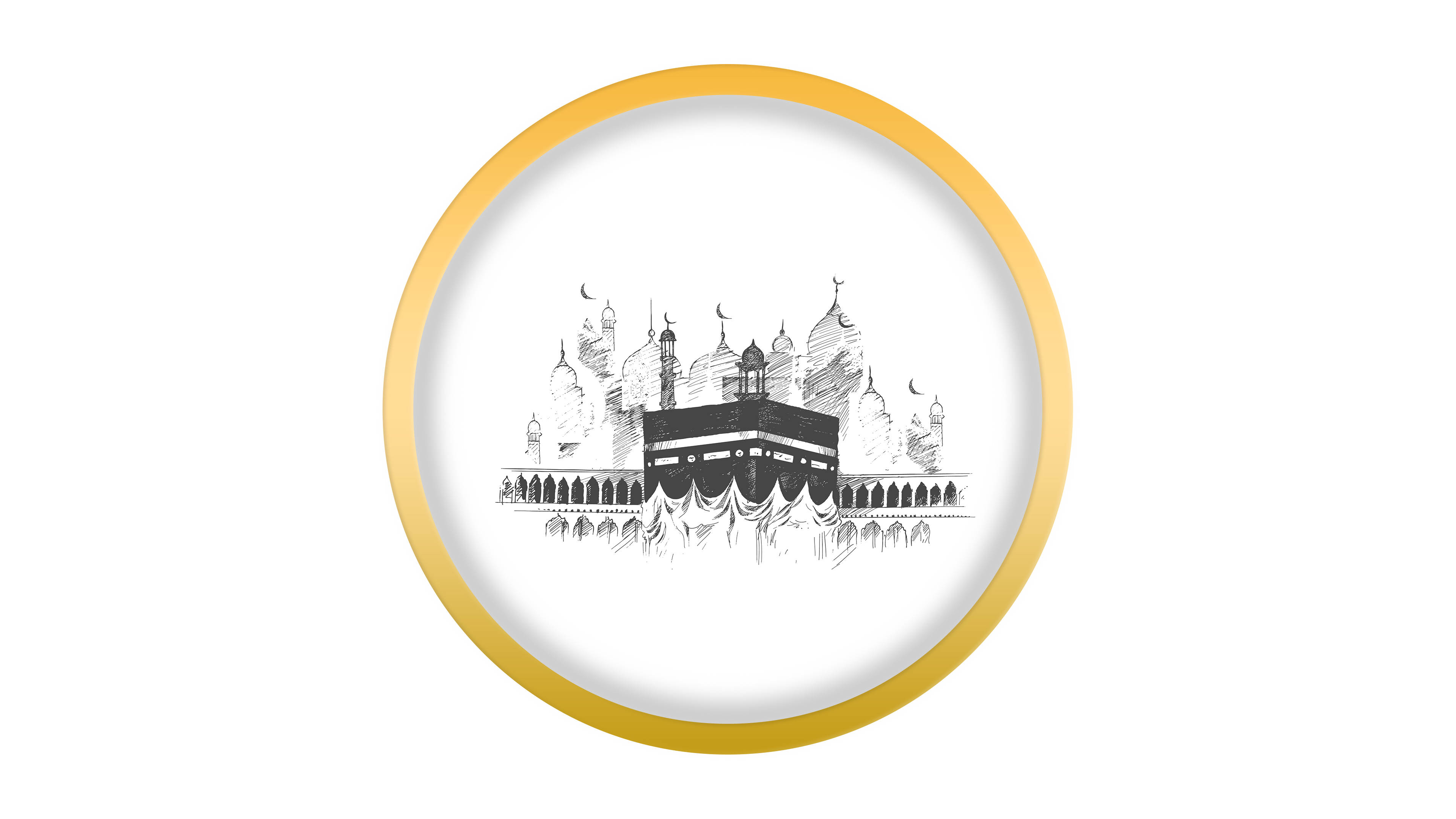Kaaba, gold-framed sketch, minarets, 4K Desktop Wallpaper