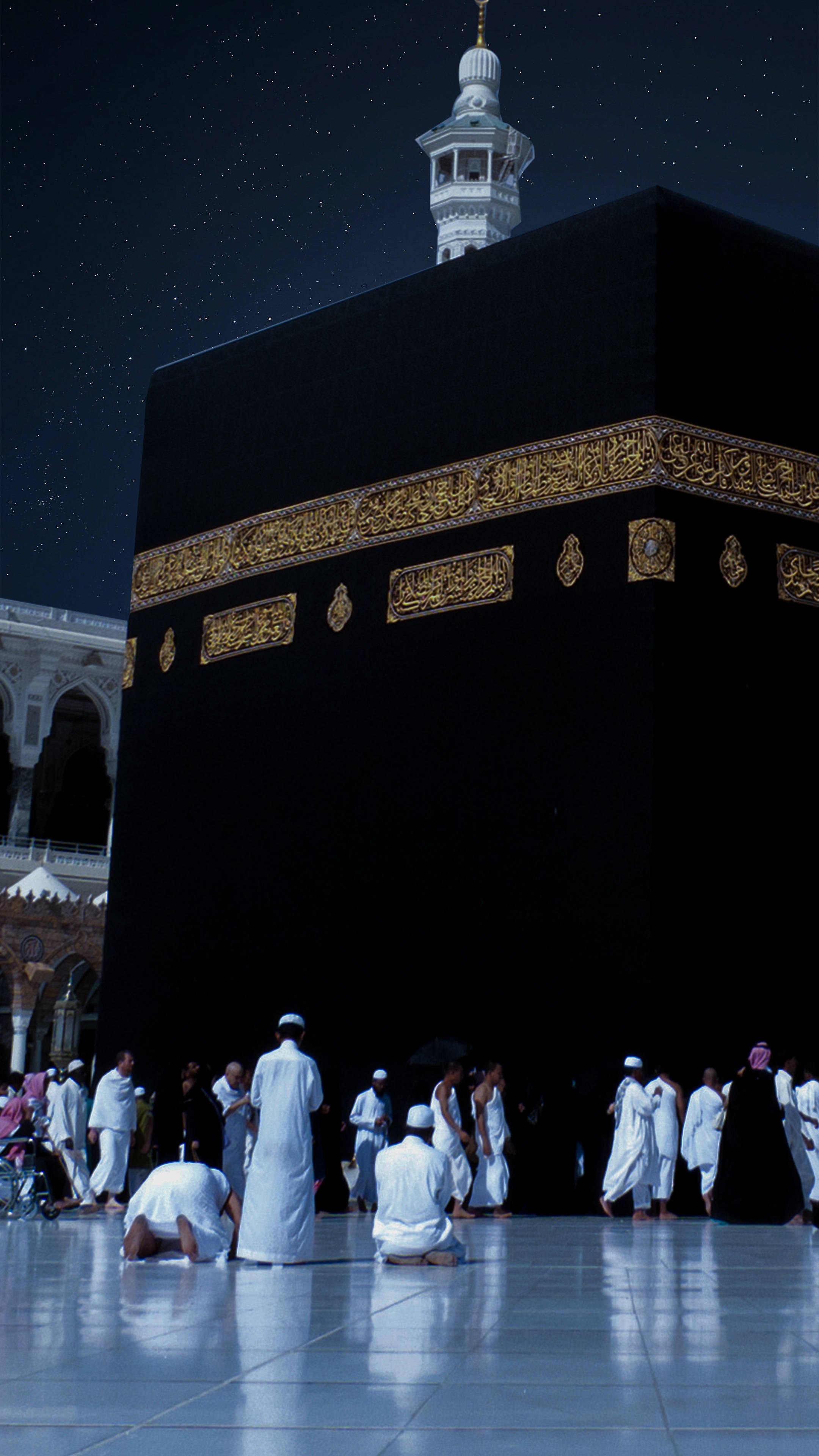 Kaaba, white garments, starry night sky, 4K Phone Wallpaper