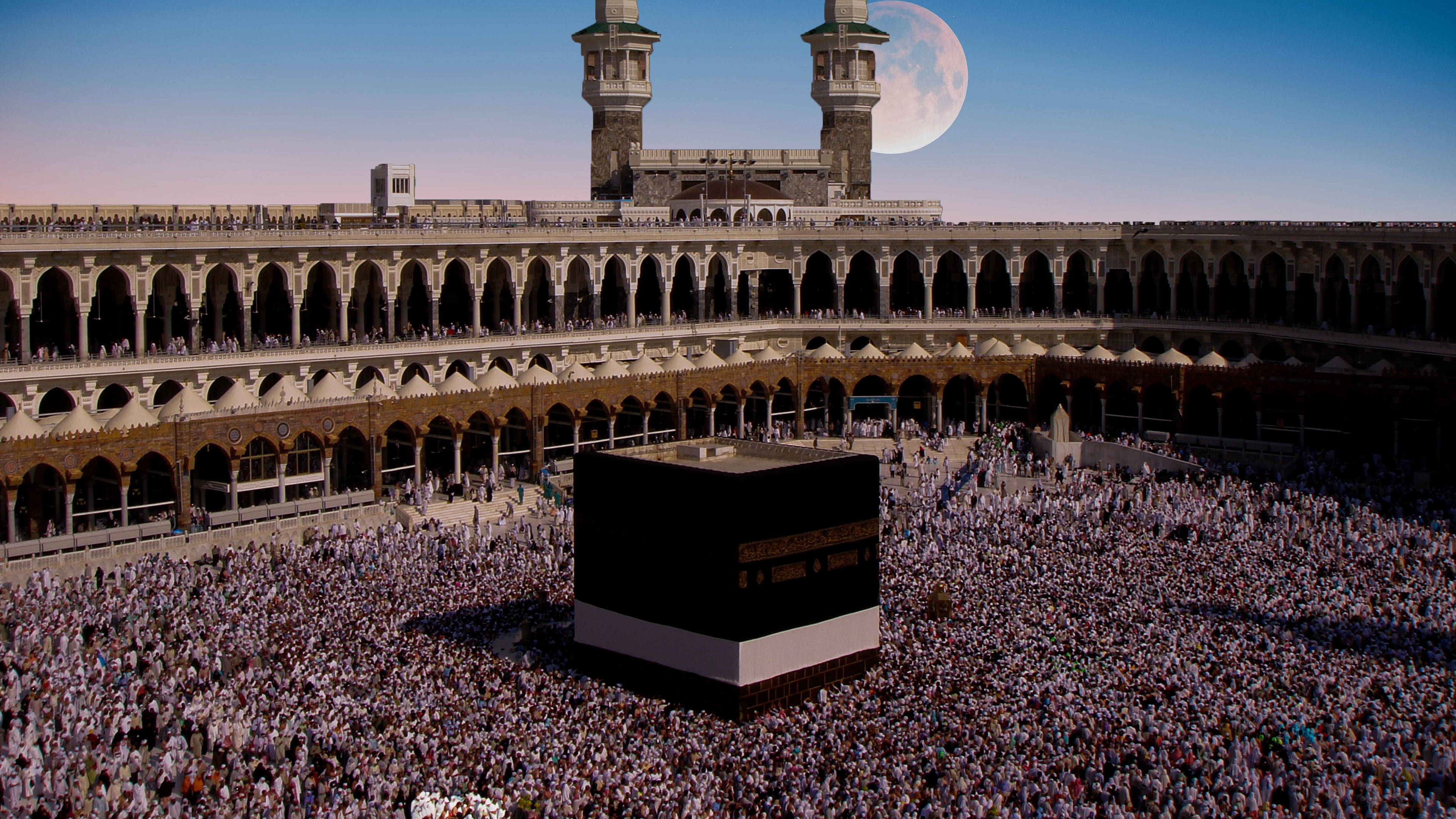 Kaaba, full moon, twilight sky, 4K Desktop Wallpaper