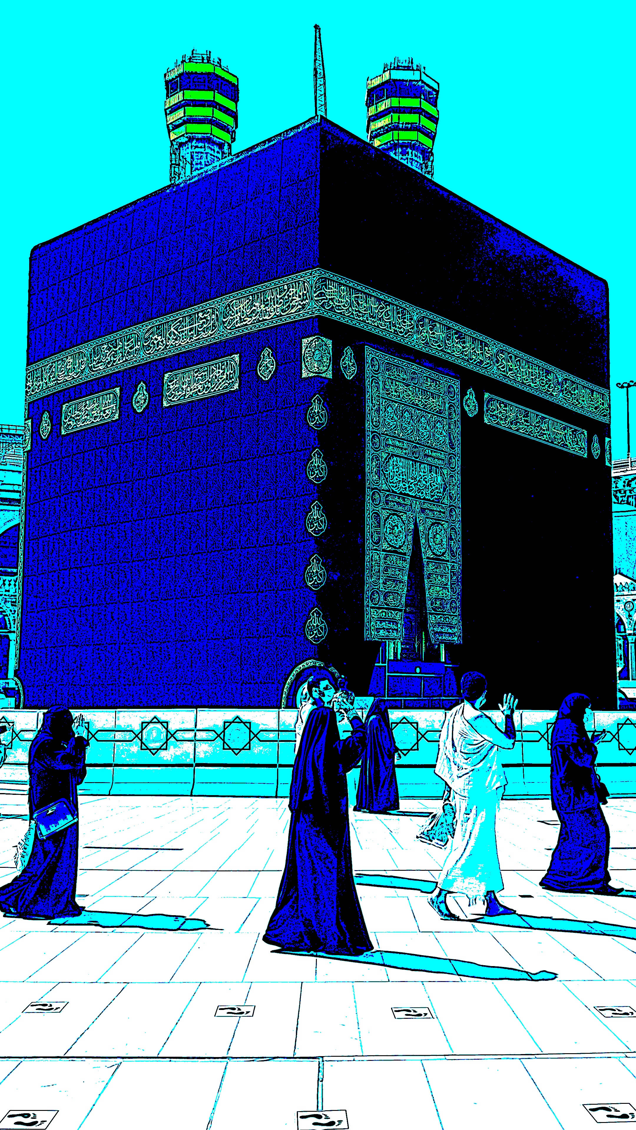 Kaaba, cyan sky, blue and black tones, 4K Phone Wallpaper