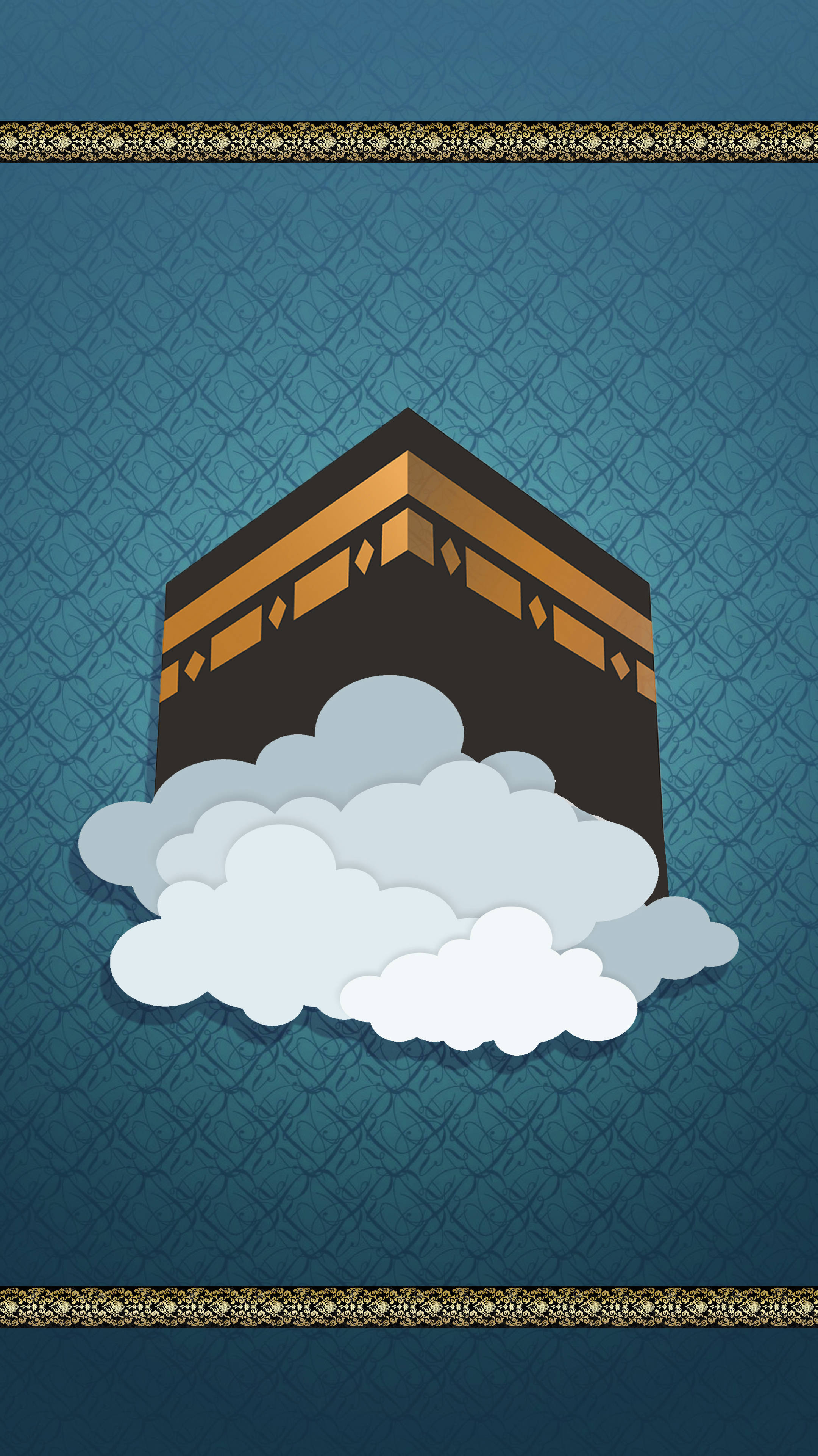 Kaaba, fluffy white clouds, textured teal background, 4K Phone Wallpaper