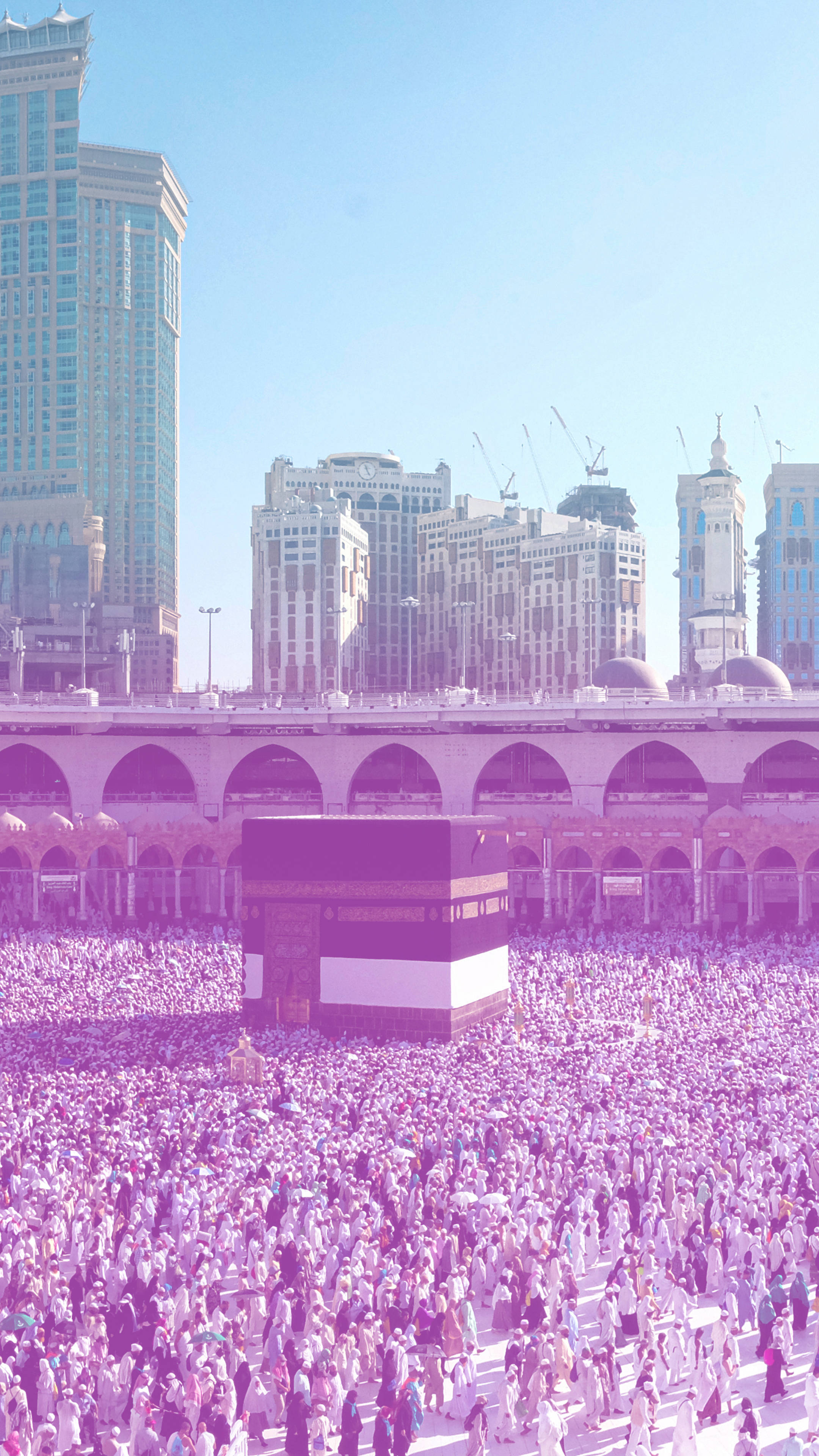 Kaaba, purple blue light, vast crowd, 4K Phone Wallpaper
