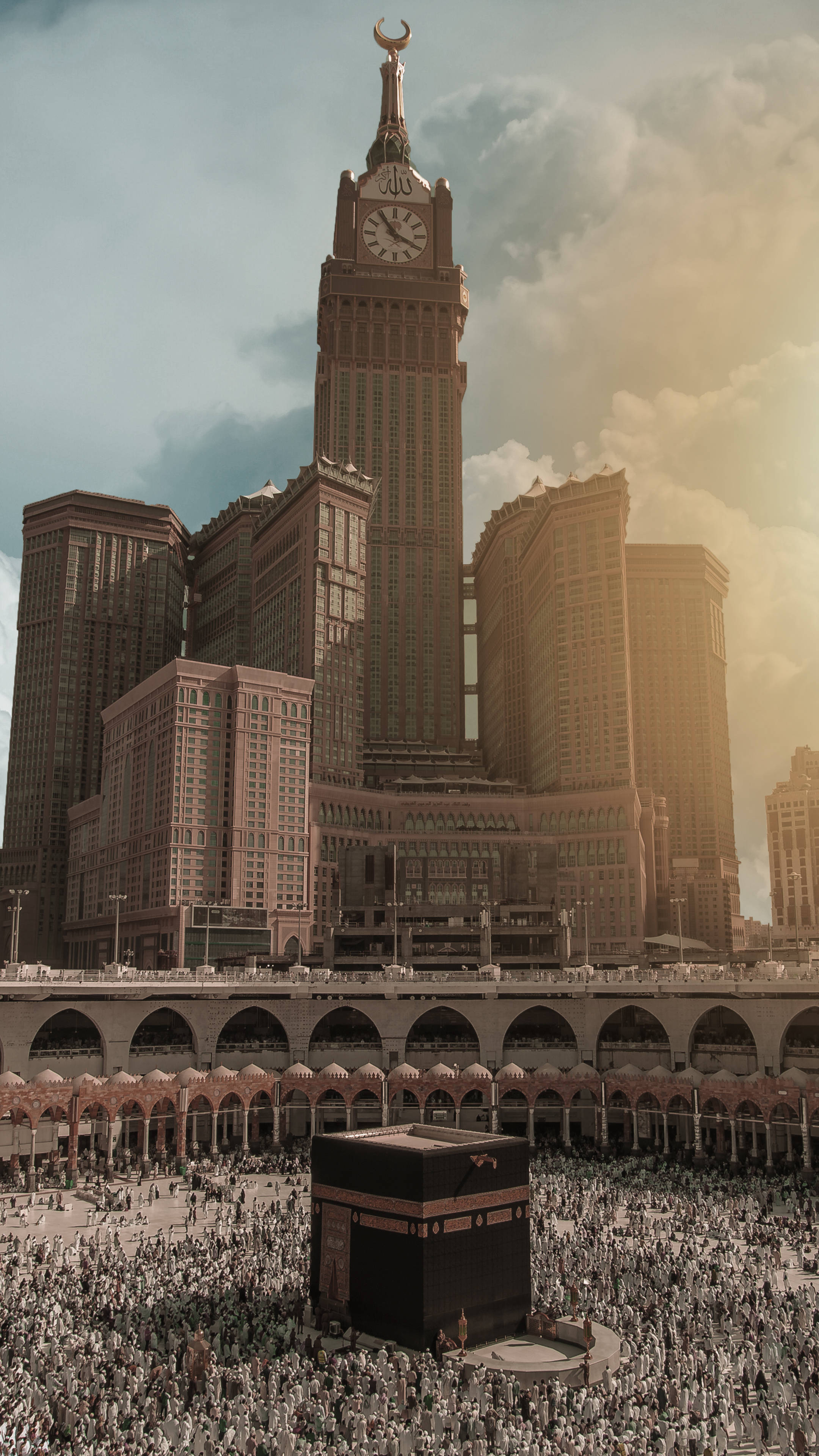 Kaaba, golden sunset, massive crowd, 4K Phone Wallpaper