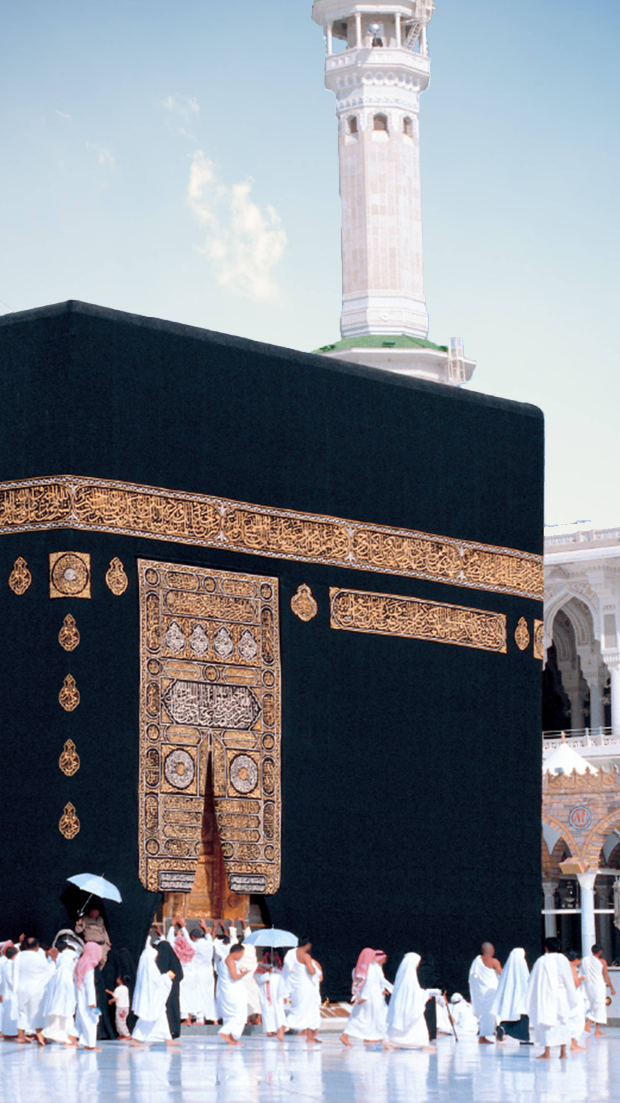 Kaaba, white ihram garments, clear sky, 4K Phone Wallpaper