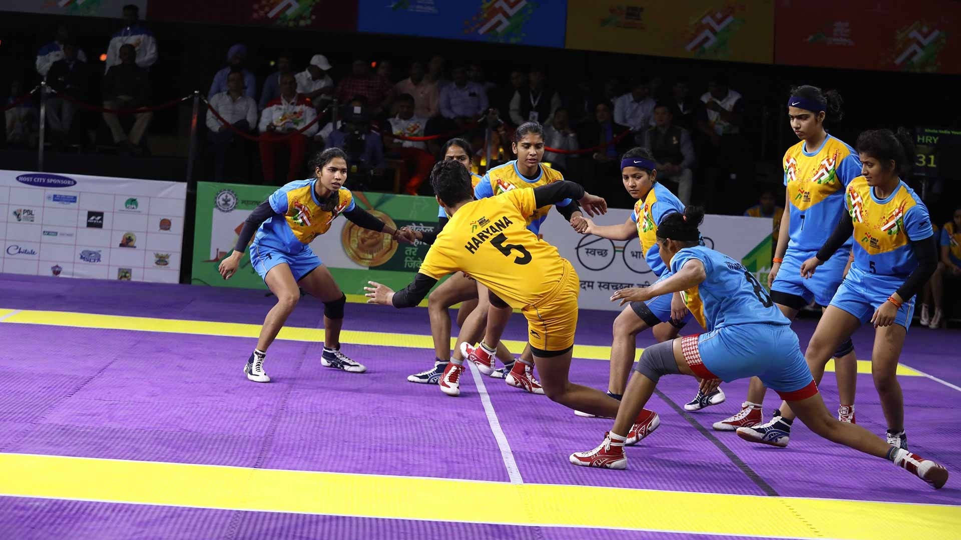 kabaddi, female players, blue and yellow jerseys, Full HD Desktop Wallpaper