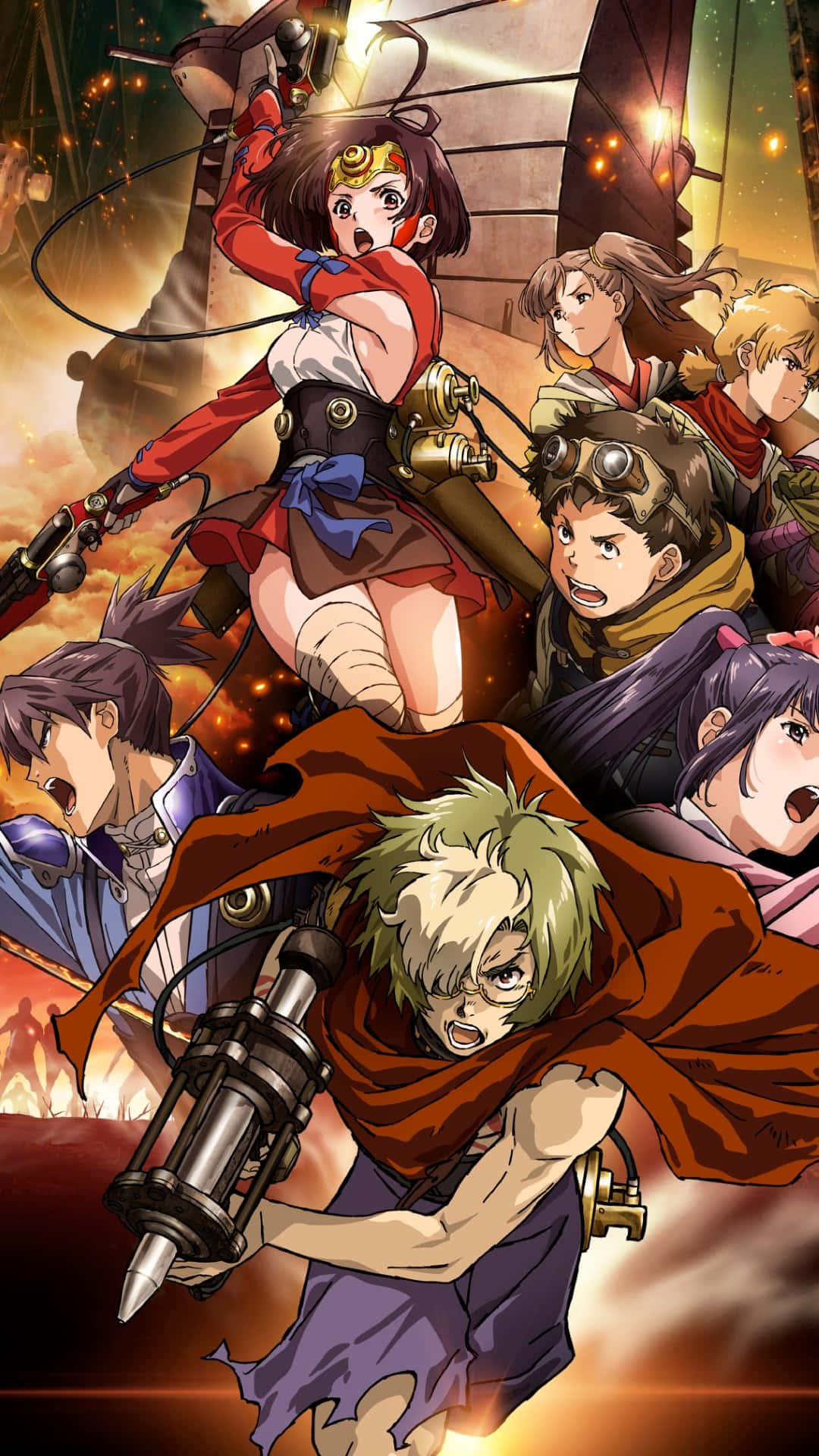 Kabaneri of the Iron Fortress, steampunk gear, fiery backdrop, Full HD Phone Wallpaper