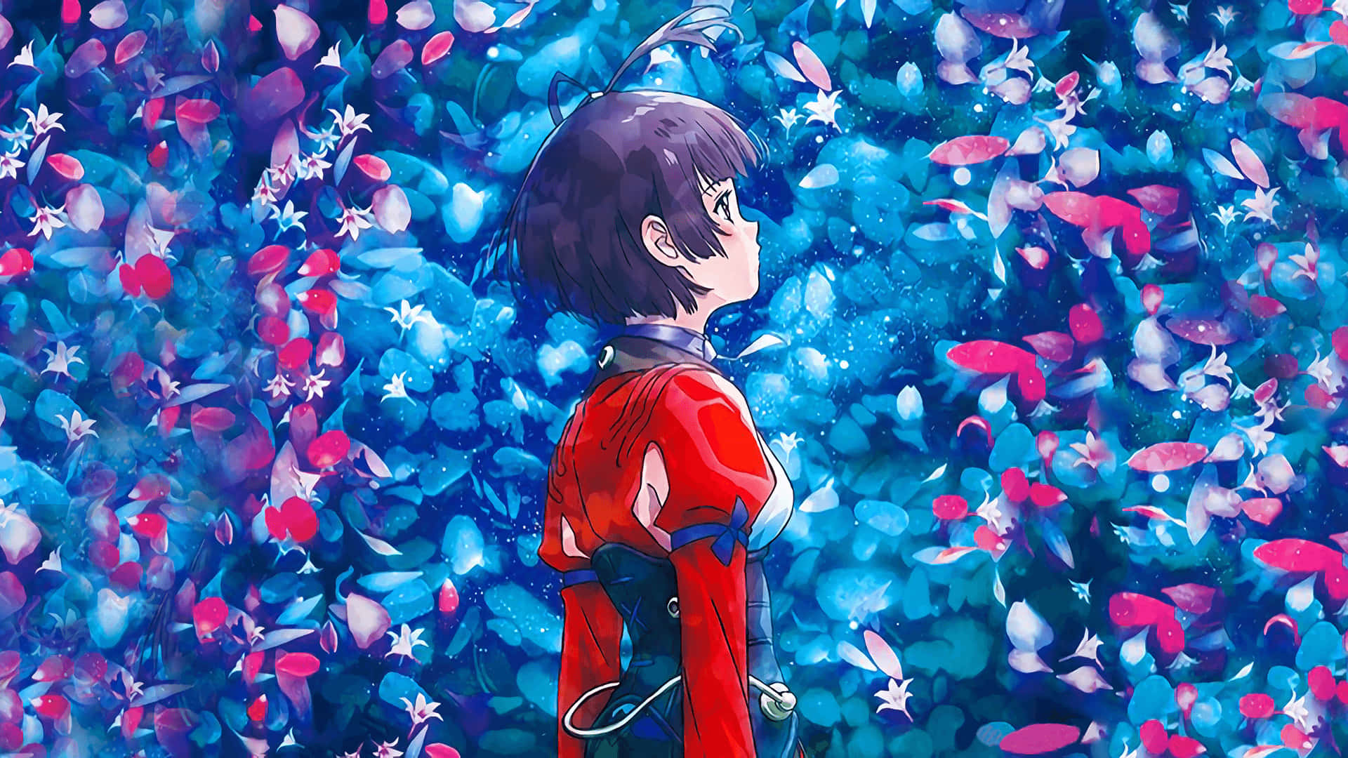 Kabaneri Of The Iron Fortress, red outfit, glowing blue and pink petals, Full HD Desktop Wallpaper