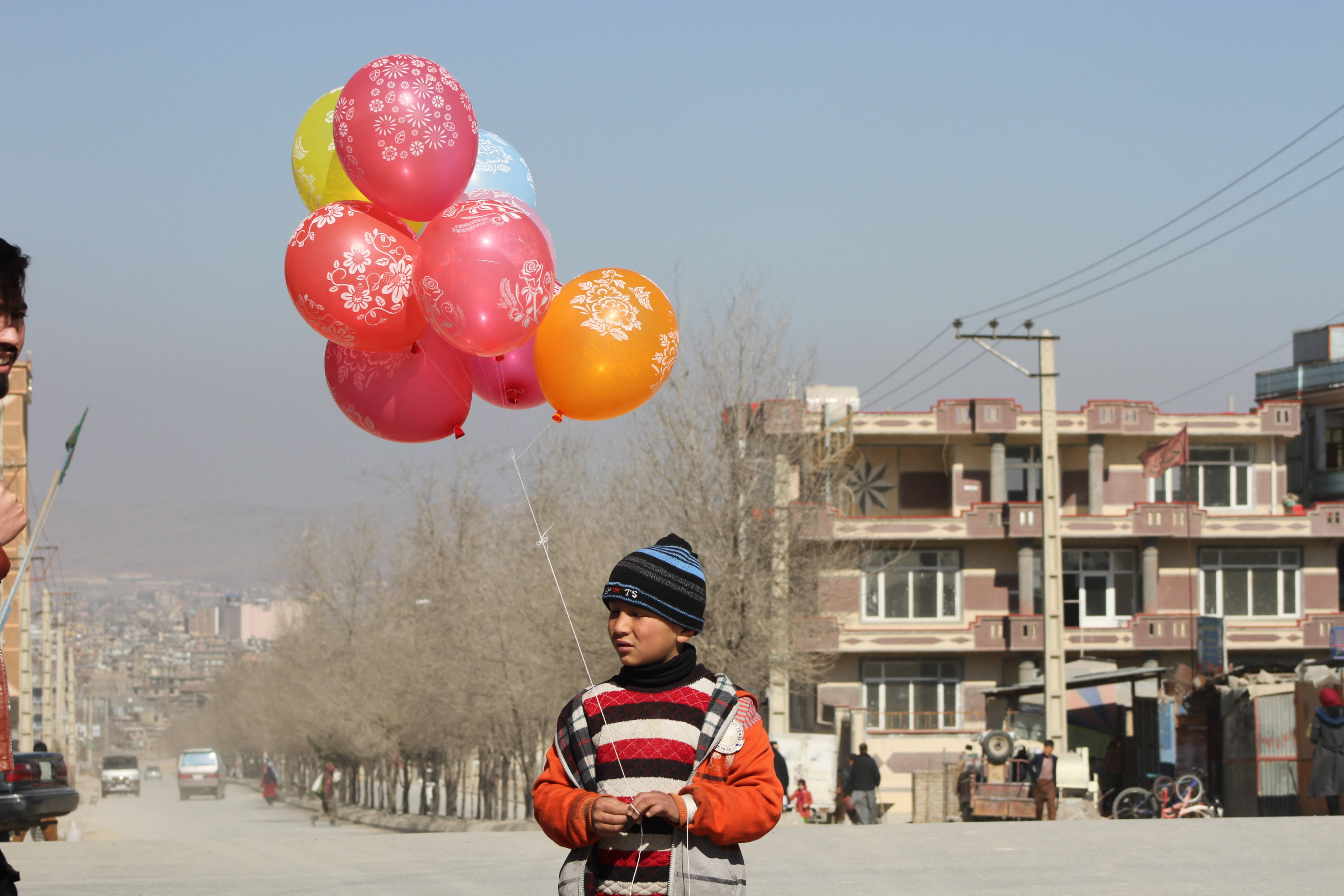 boy, striped sweater, colorful patterned balloons, 5K Desktop Wallpaper