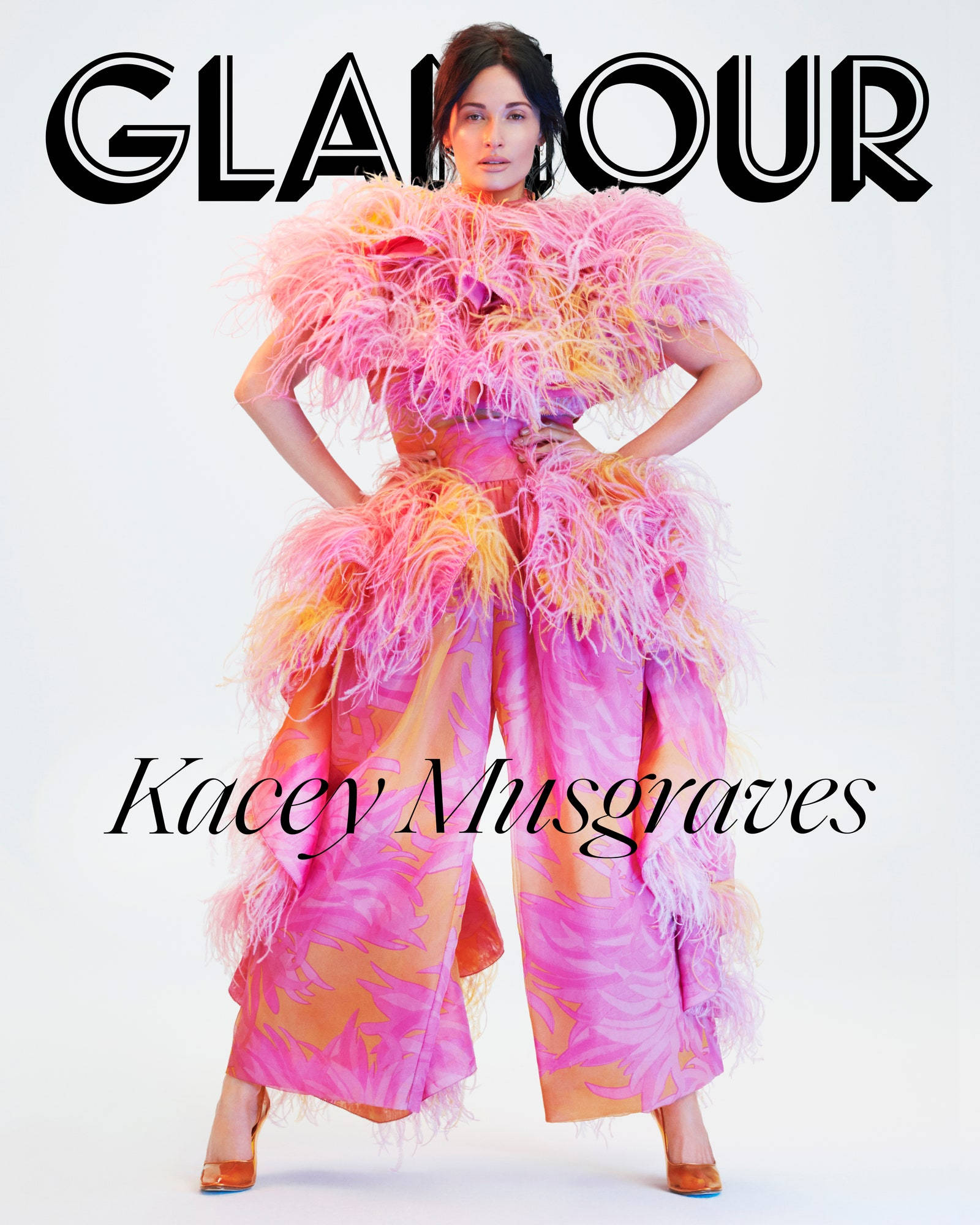 Kacey Musgraves, vibrant pink and orange feathered gown, stark white background, Full HD Phone Wallpaper