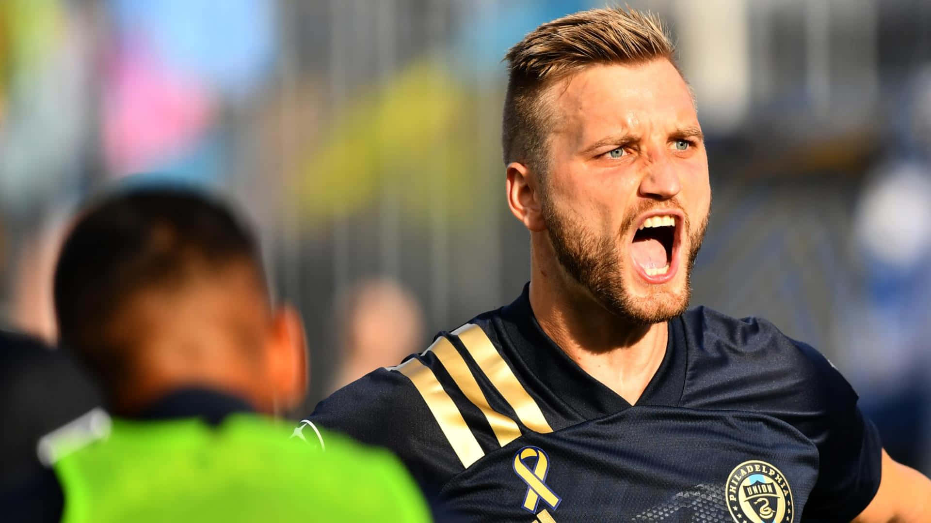 Kacper Przybylko, dark blue jersey, gold stripes, Full HD Desktop Wallpaper
