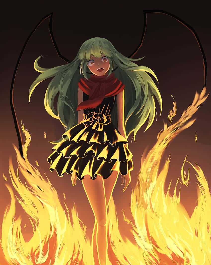 Kaede Kayano, green hair, black wings, SD Phone Wallpaper
