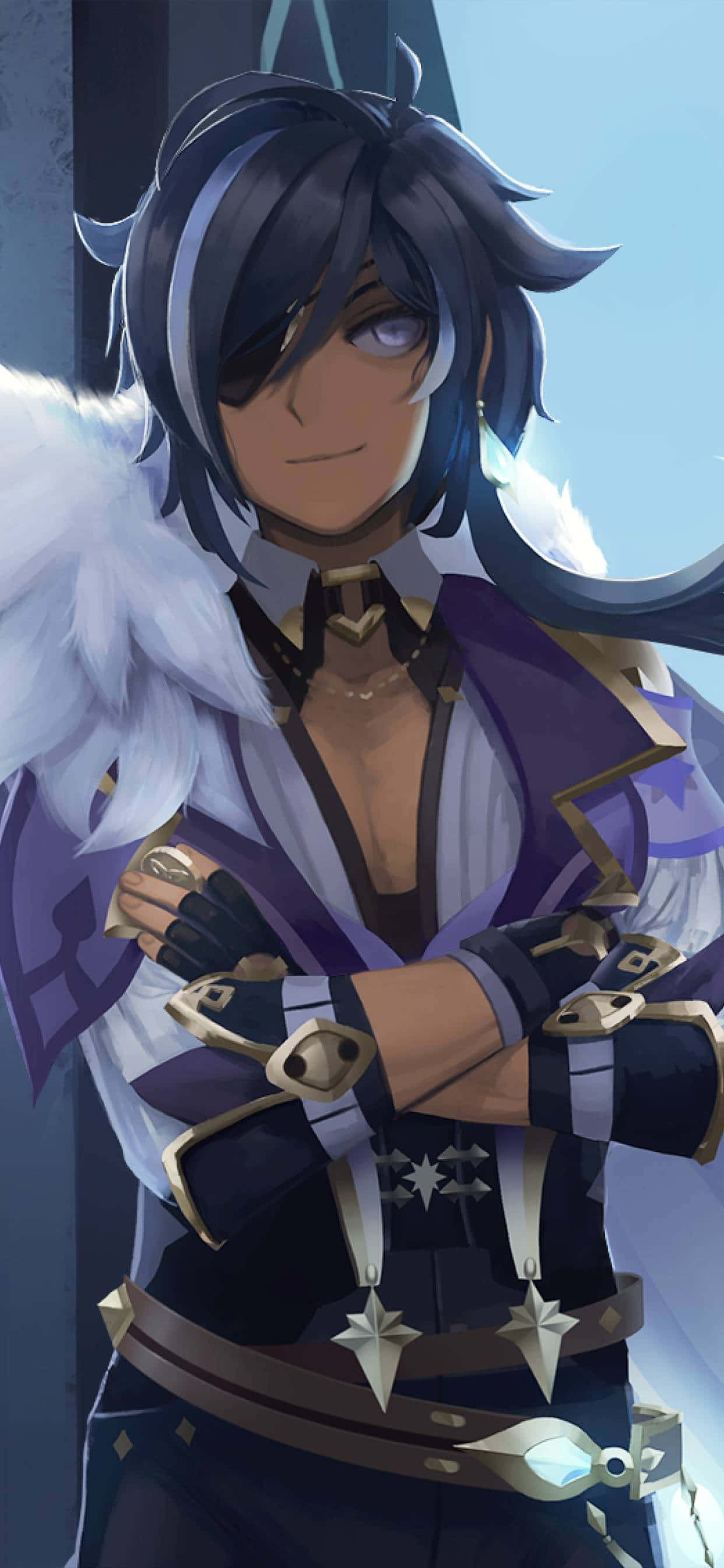 Kaeya, dark hair, white fur collar, 2K Phone Wallpaper