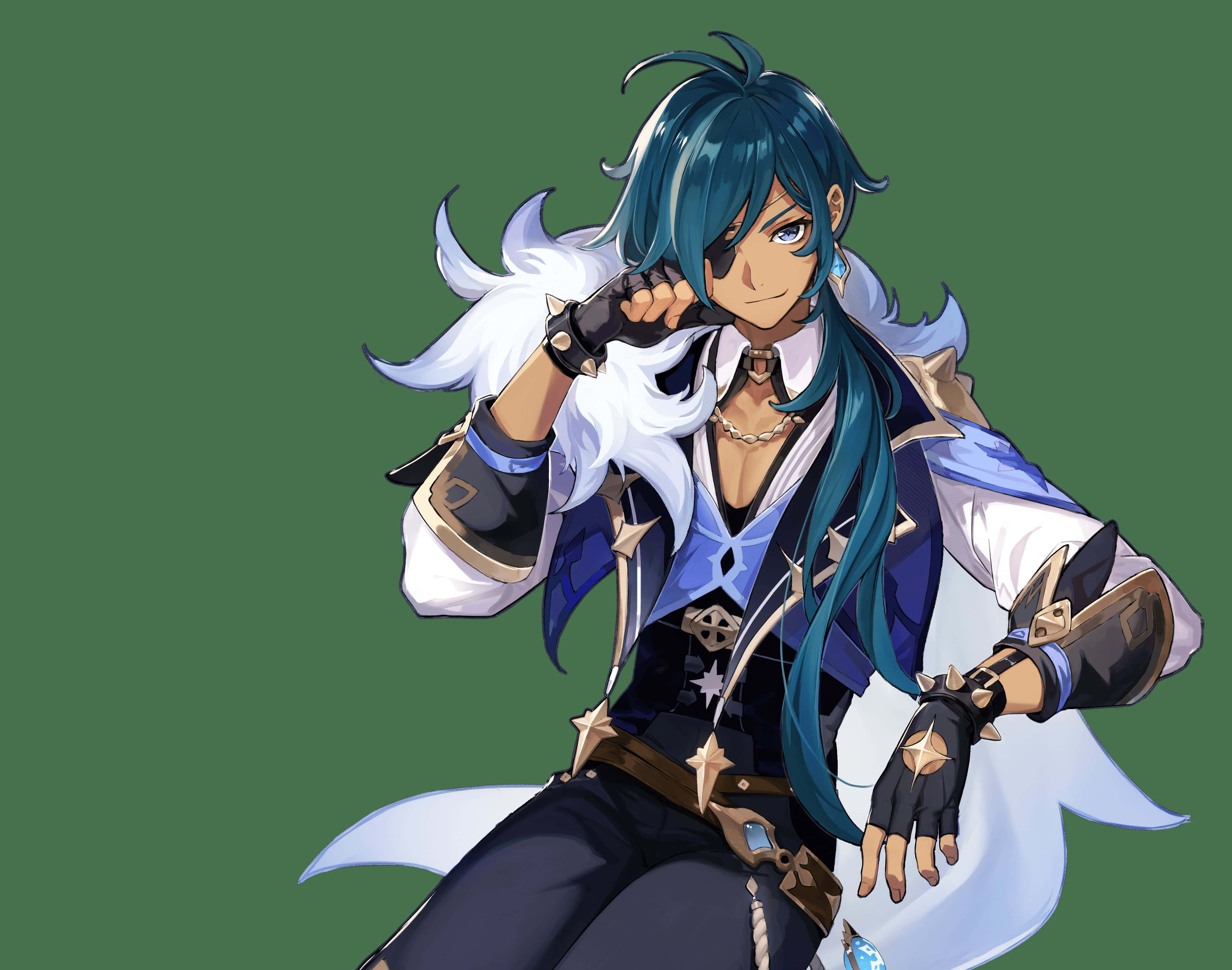 Kaeya, teal hair, white fur trim, 4K Desktop Wallpaper