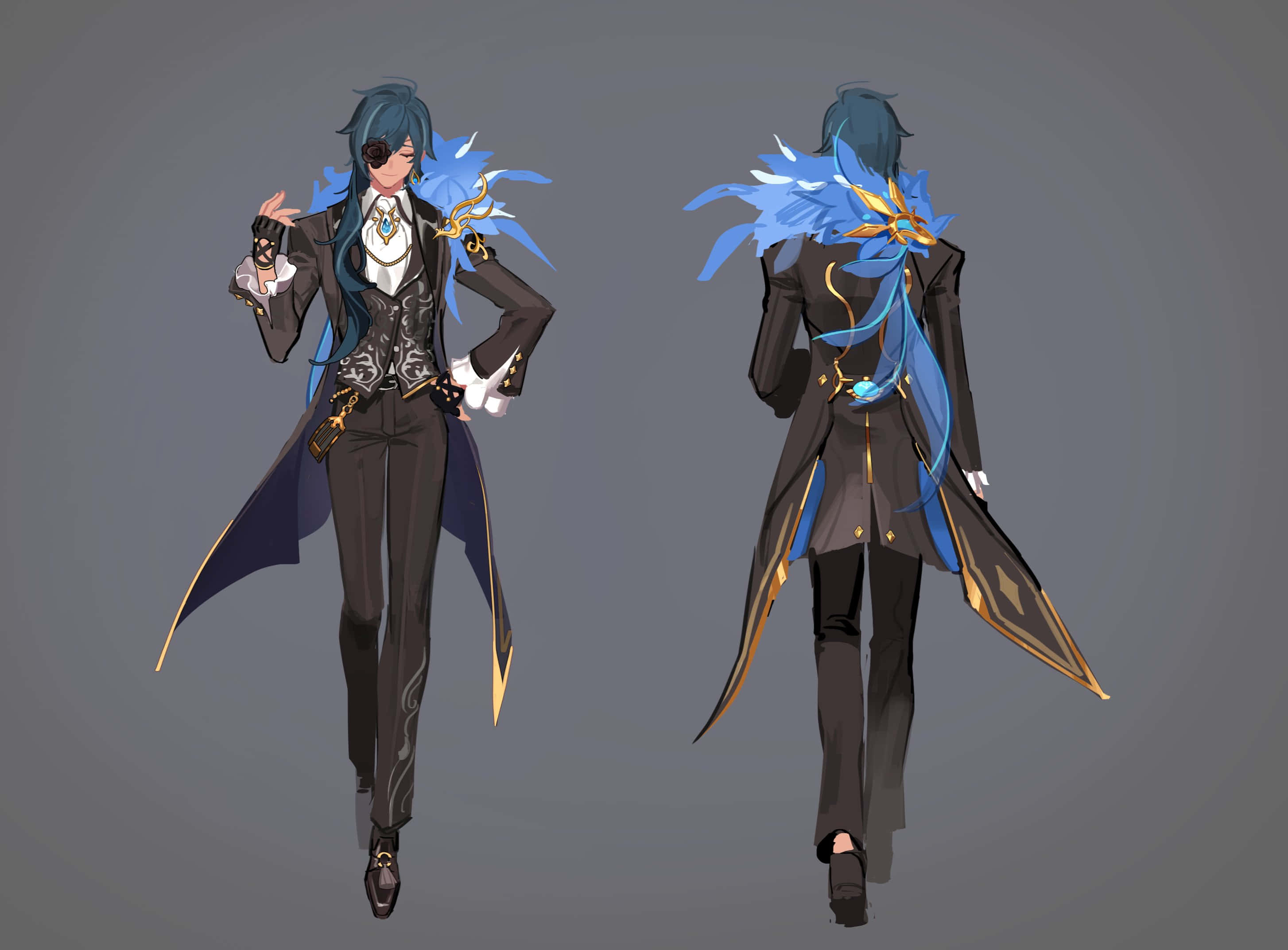 Kaeya, blue hair, ornate black coat, 2K Desktop Wallpaper