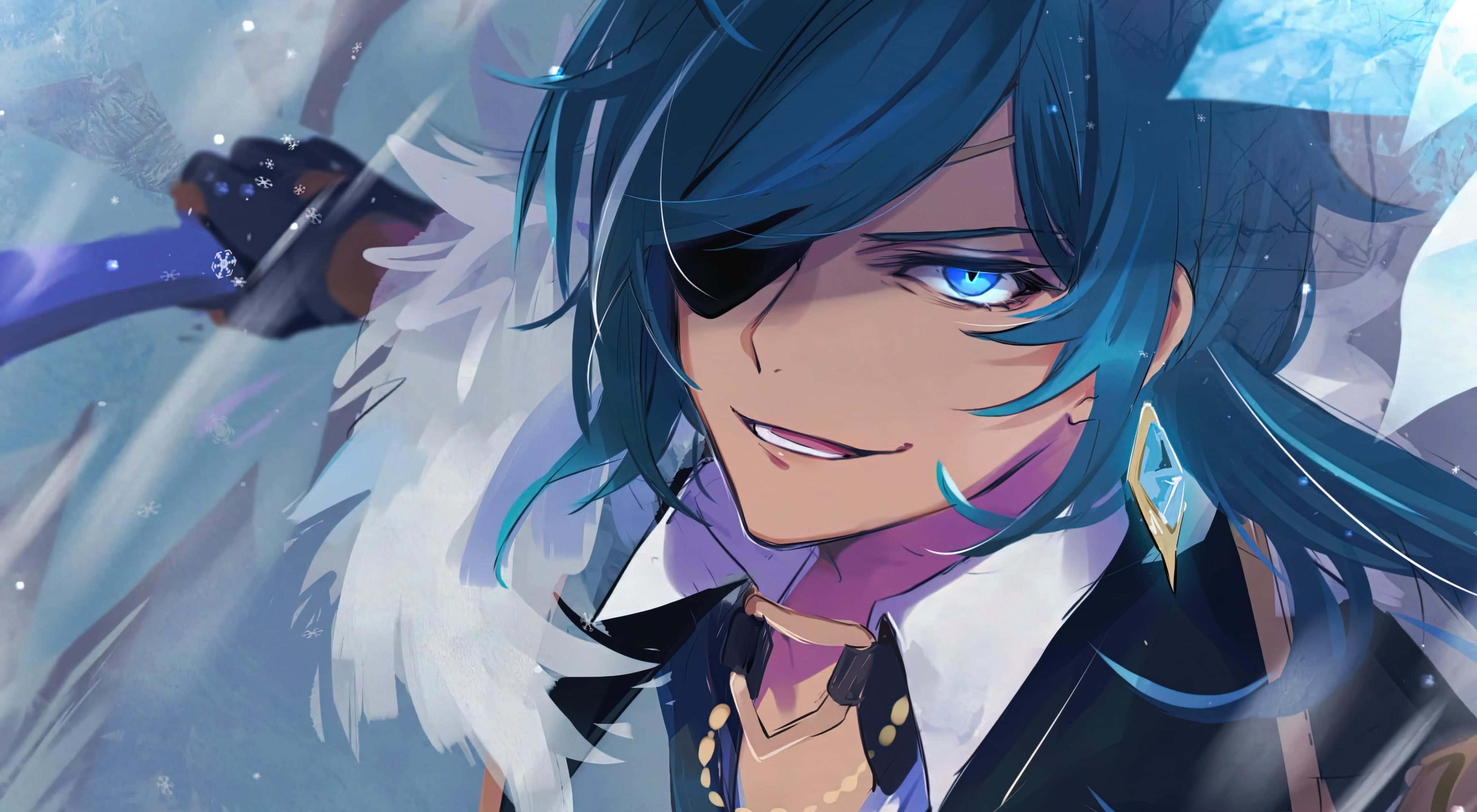 Kaeya, blue-haired anime character, one eye patch, 2K Desktop Wallpaper