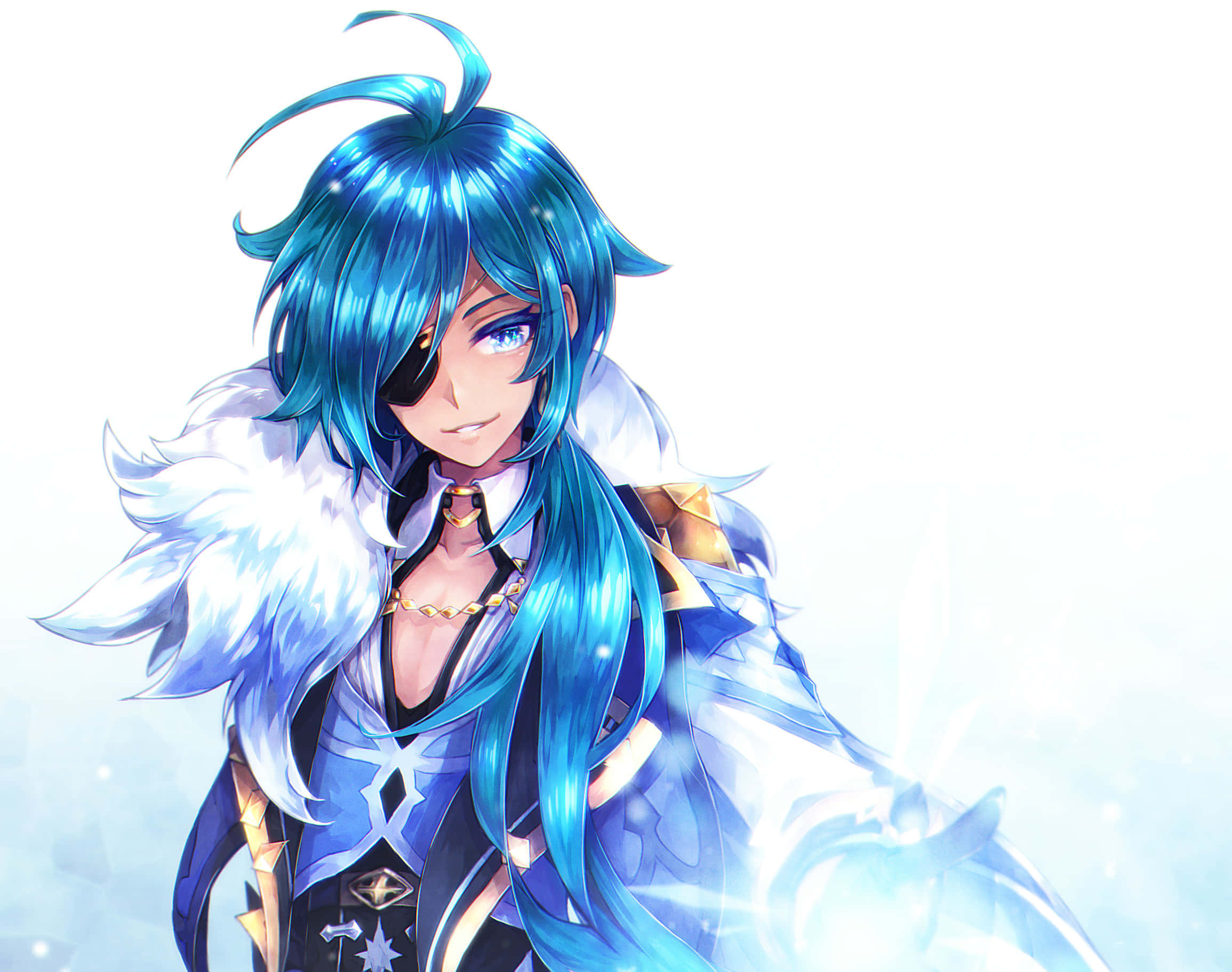 Kaeya, blue-haired anime character, white feathered collar, Full HD Desktop Wallpaper