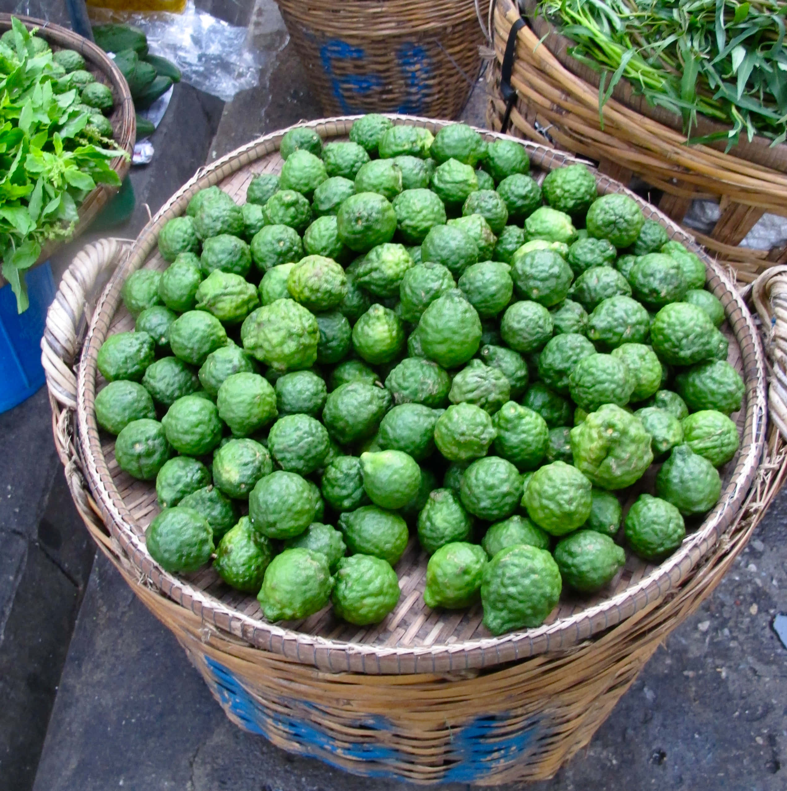 kaffir lime, woven basket, bustling outdoor market stall, Full HD Phone Wallpaper