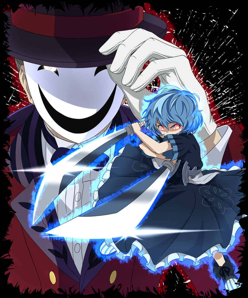 Kagetane Hiruko, blue-haired anime girl, glowing red eyes, SD Phone Wallpaper