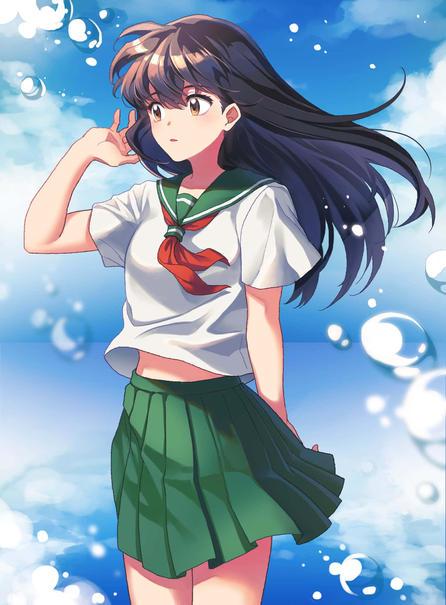 Kagome Higurashi, sailor uniform, floating bubbles, Full HD Phone Wallpaper
