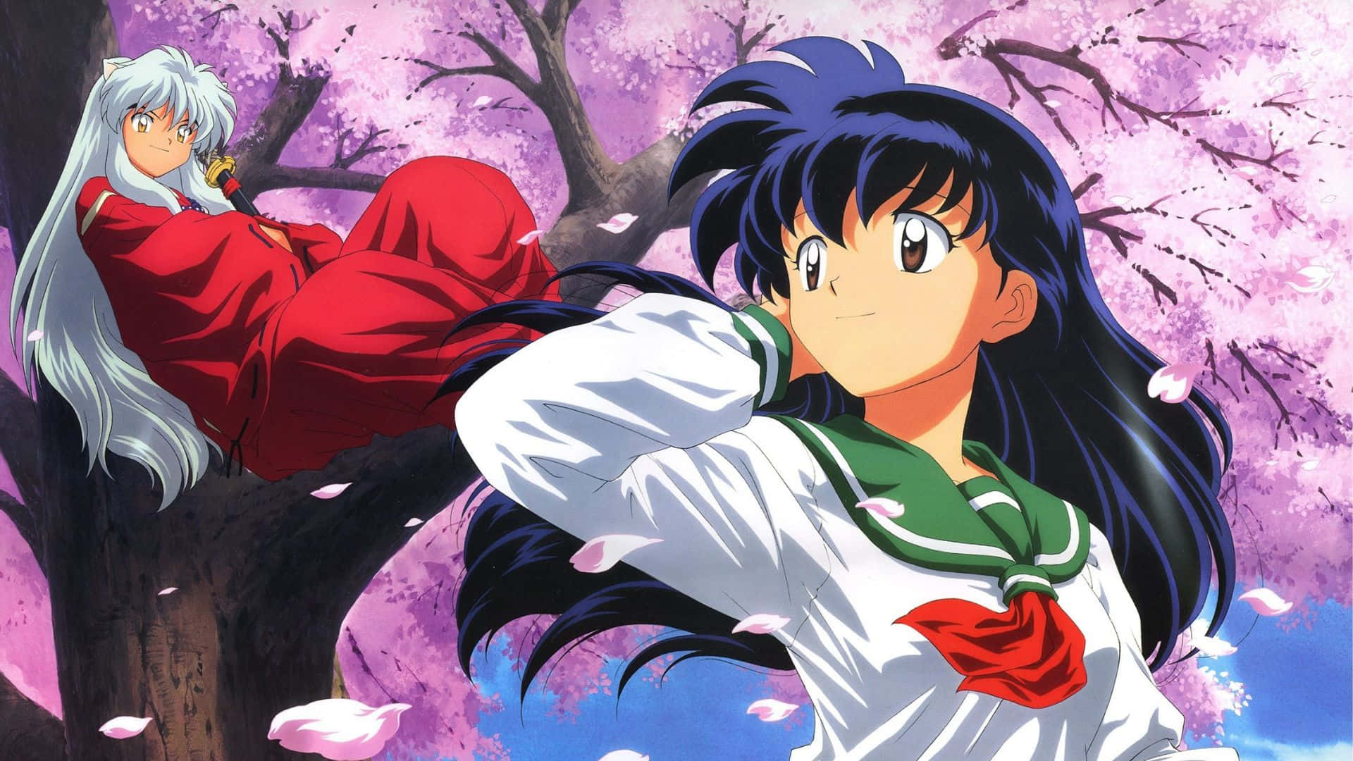 Kagome Higurashi, blossoming cherry tree, pink petals, Full HD Desktop Wallpaper