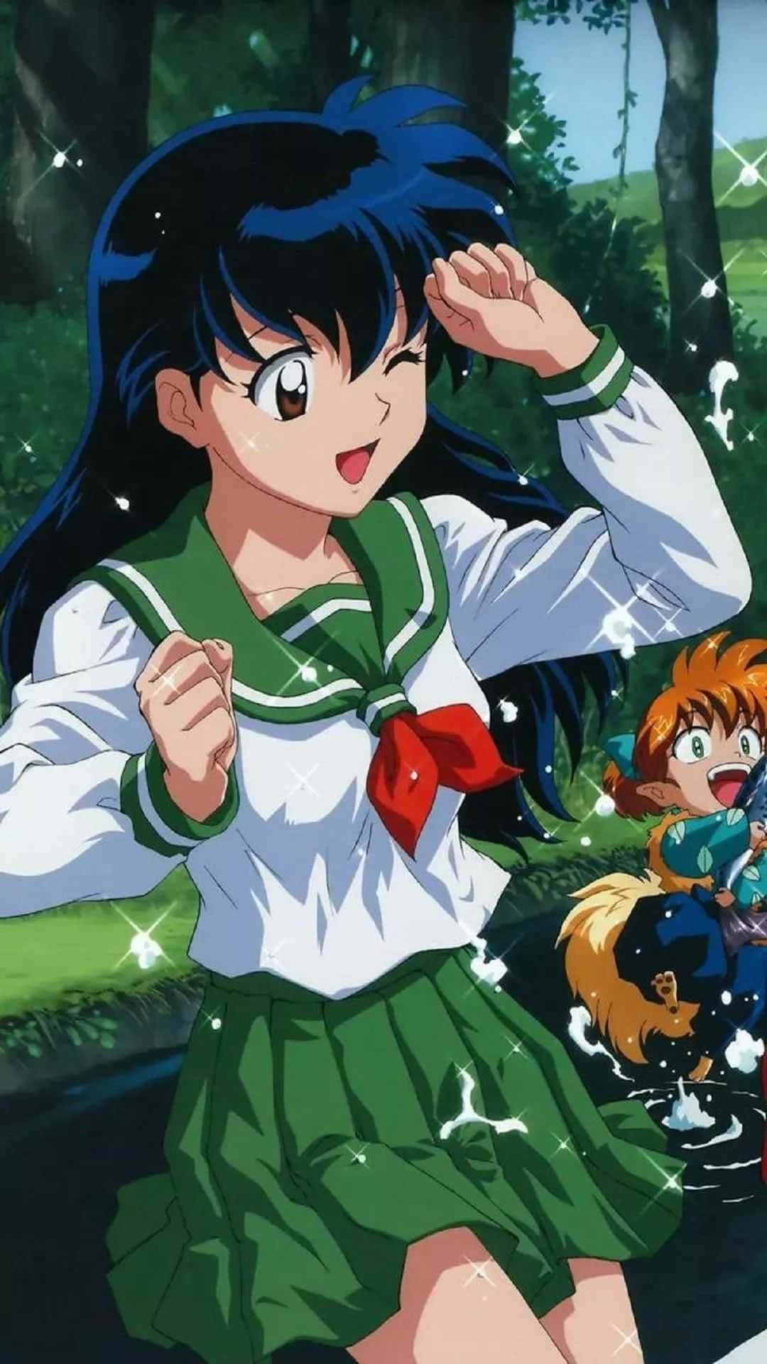 Kagome Higurashi, green sailor uniform, forest, Full HD Phone Wallpaper