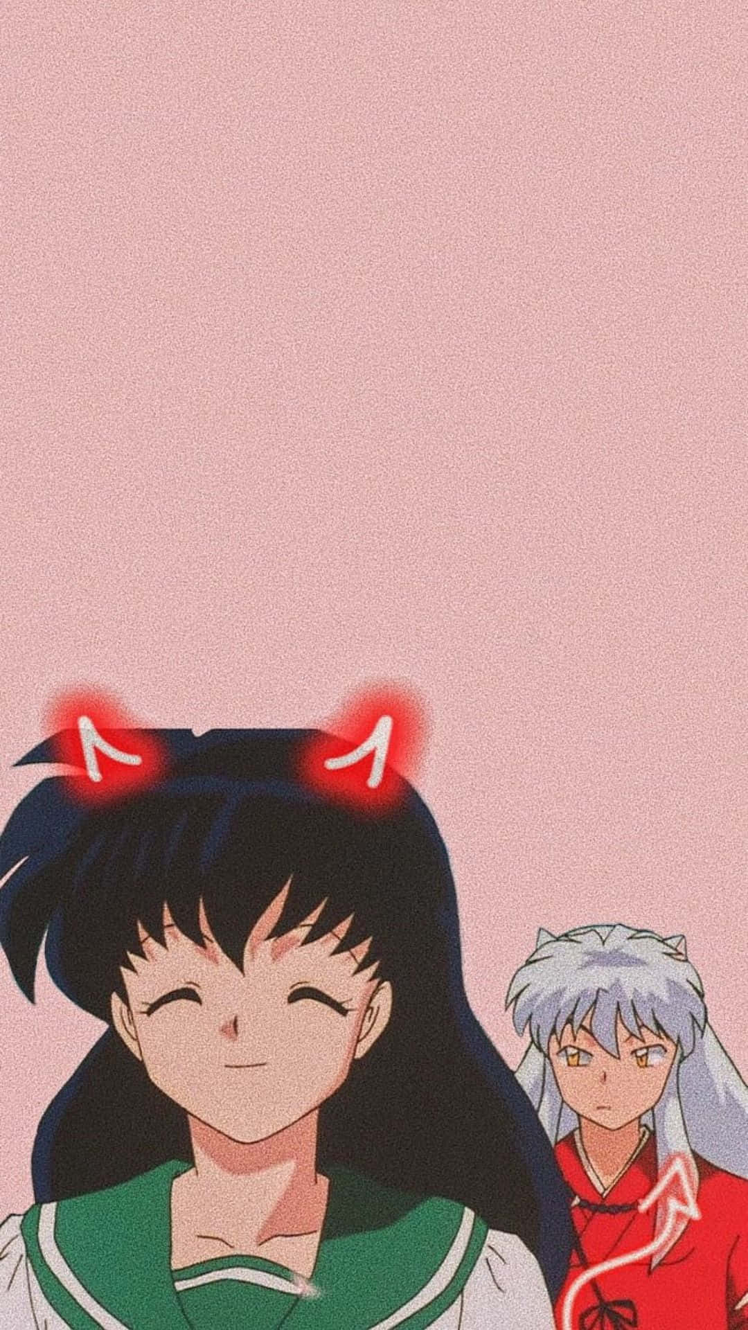 Kagome Higurashi, glowing red devil horns, soft pink background, Full HD Phone Wallpaper