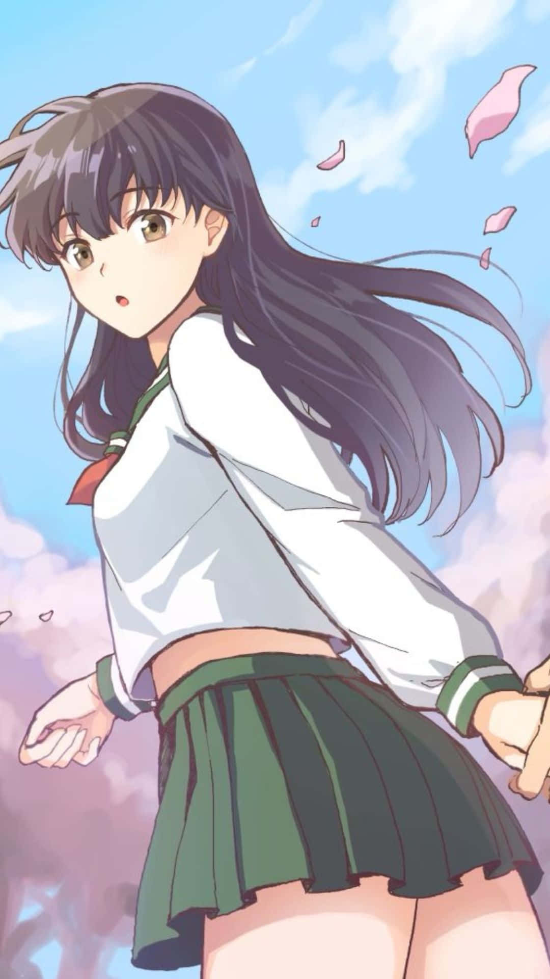 Kagome Higurashi, school uniform, pink cherry blossoms, Full HD Phone Wallpaper