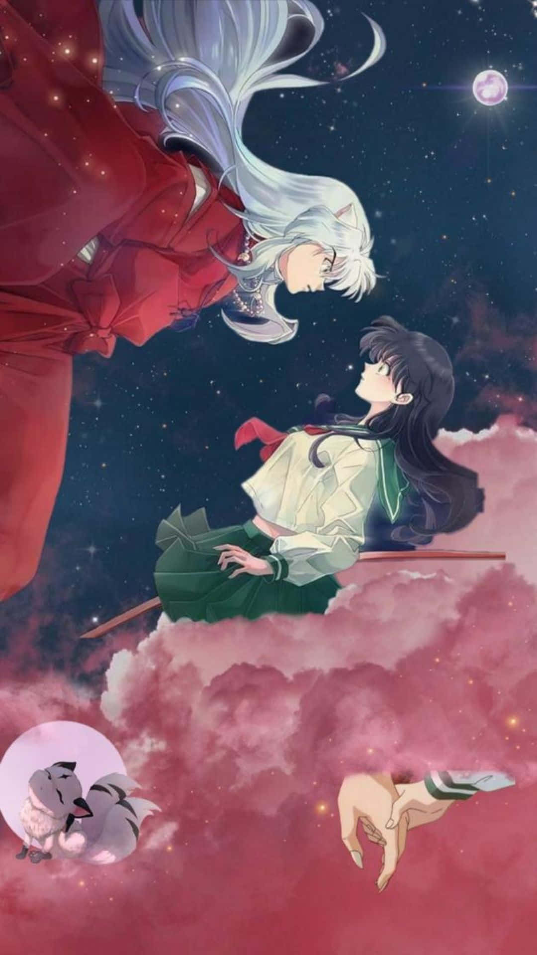 Kagome Higurashi, starry night sky, glowing moon, Full HD Phone Wallpaper